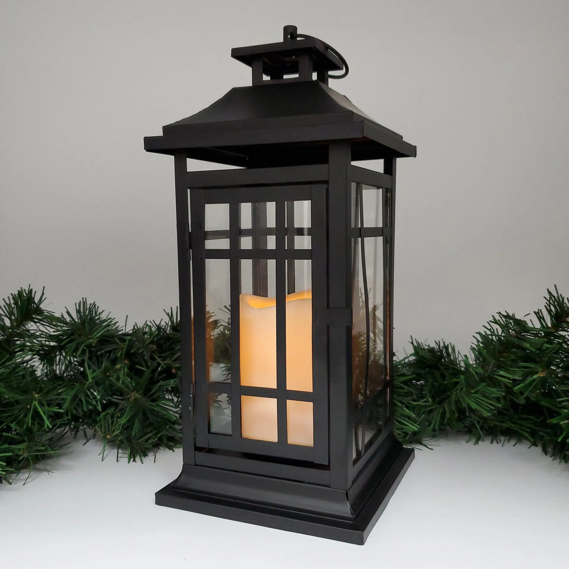 Battery-Operated 14" Black Window Metal Lantern with LED Candle