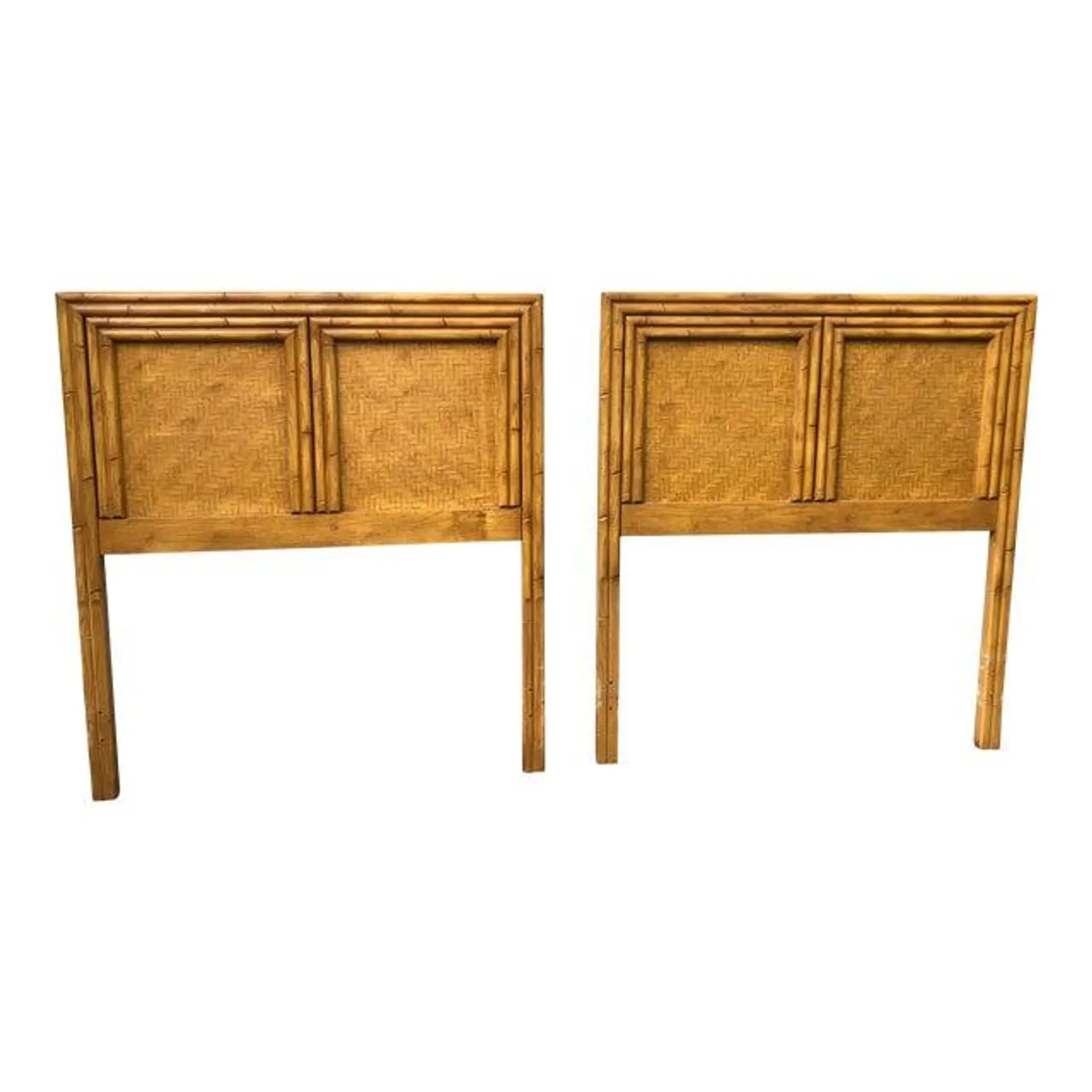 Chinoiserie Faux Bamboo Wicker and Rattan Parquetry Twin Headboards - Set of 2