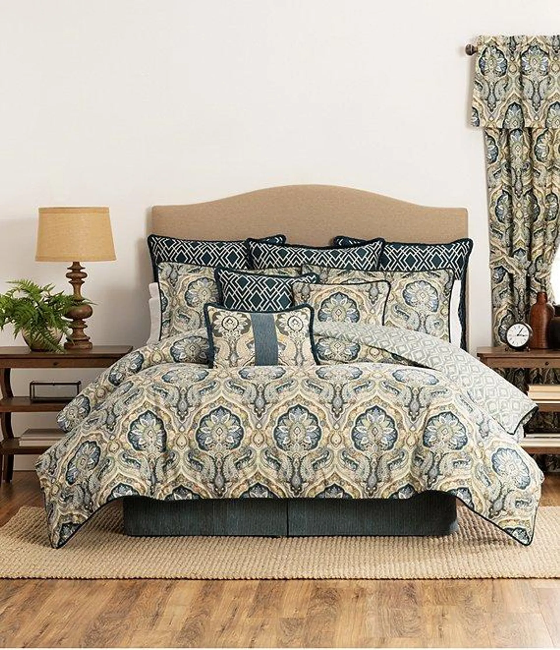 Harrogate Teal Paisley Damask & Geometric Diamond Comforter Set