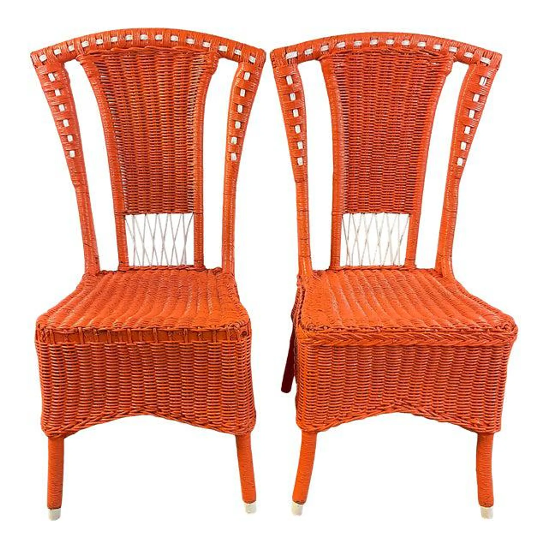 1920s Heywood-Wakefield Salmon-Coral Painted Wicker Chairs - a Pair.