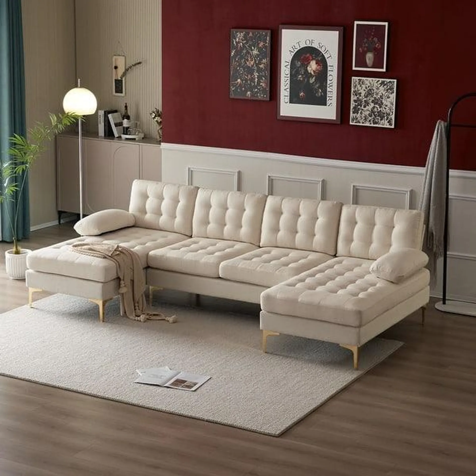 U-shaped Soft-Covered Armrest Backrest Seat Sectional Sofa Beige