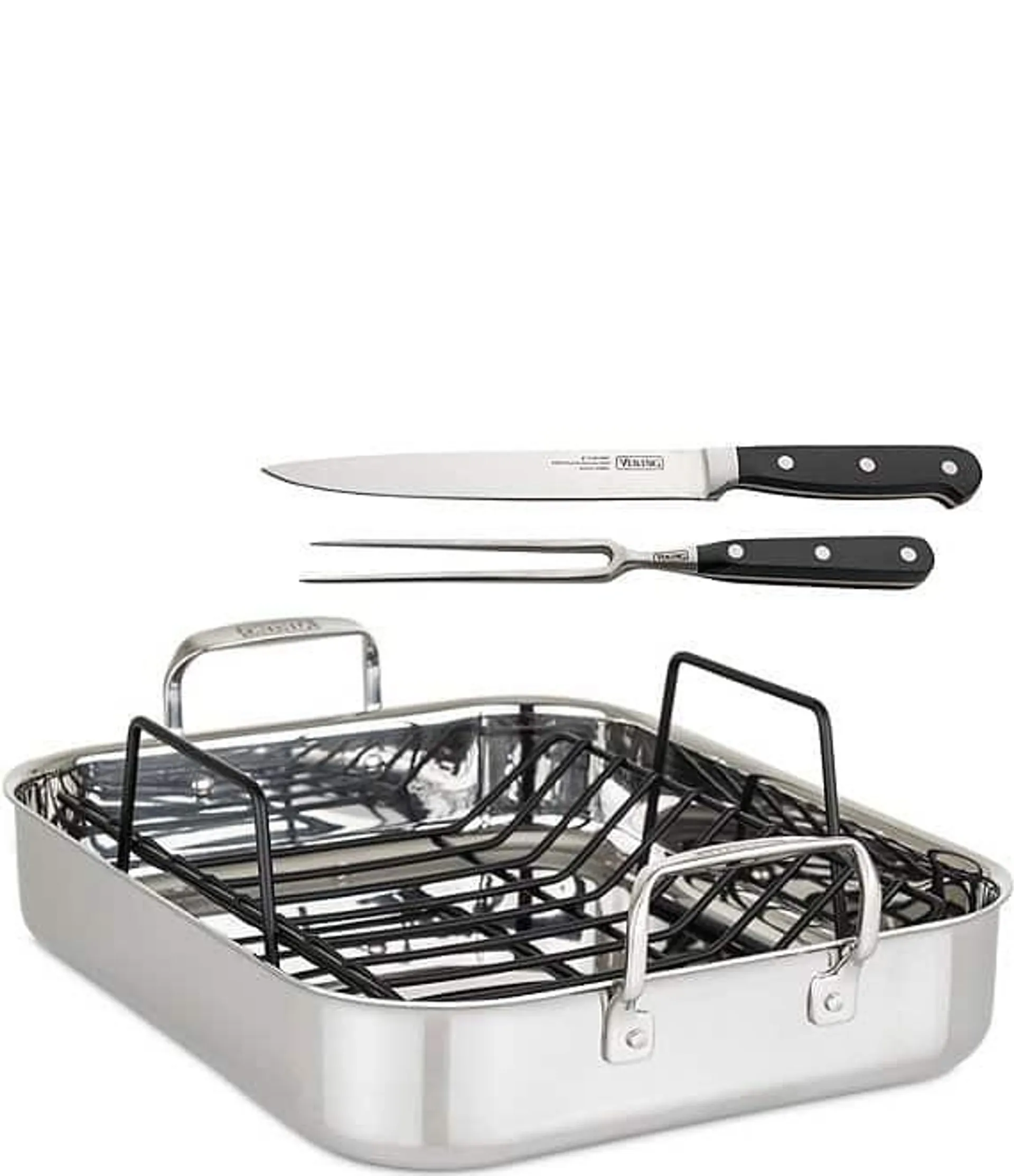 3-Ply Mirror Stainless Steel 16" Roaster with Non-Stick Rack and Carving Set