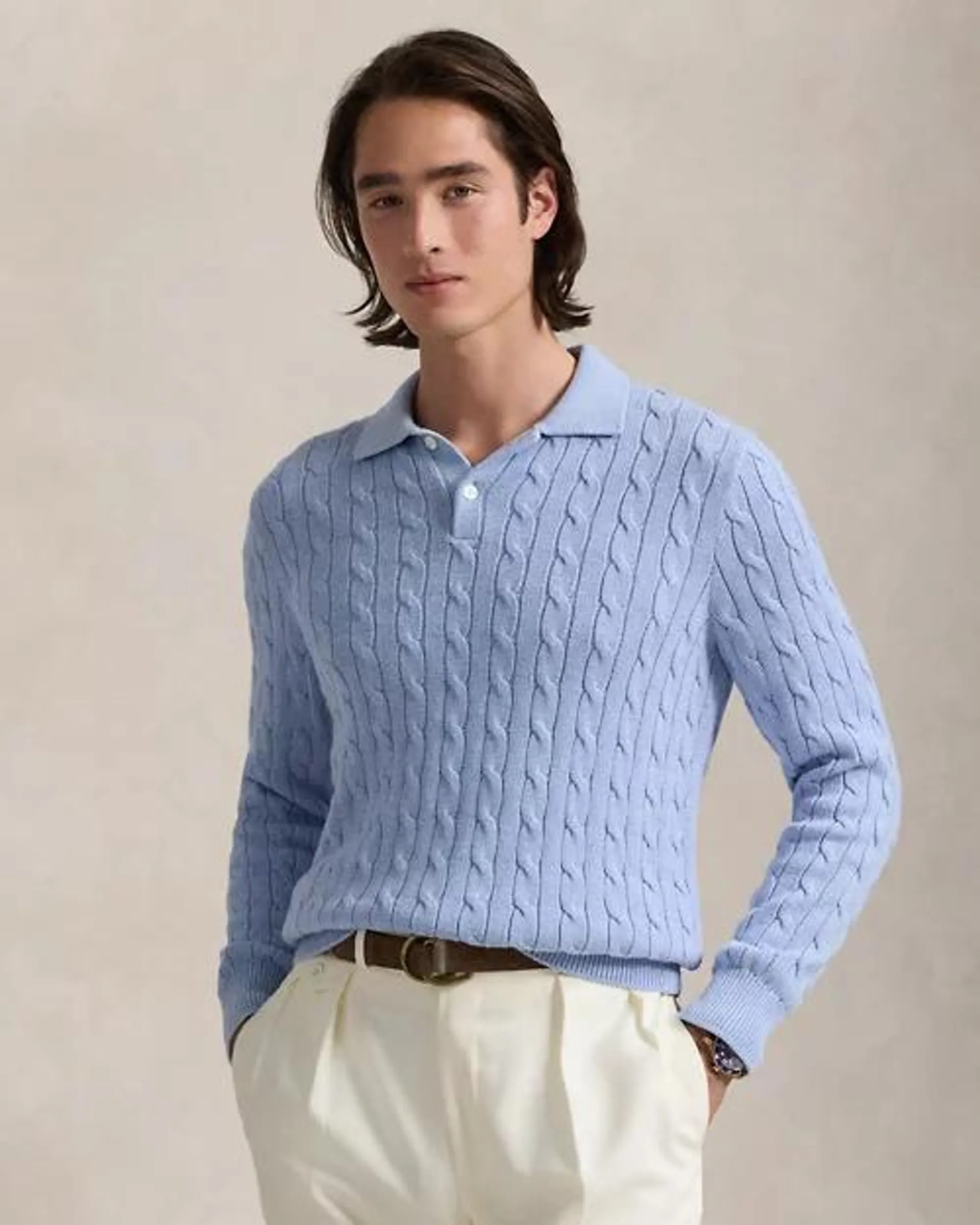 Cable-Knit Cotton Polo-Collar Sweater