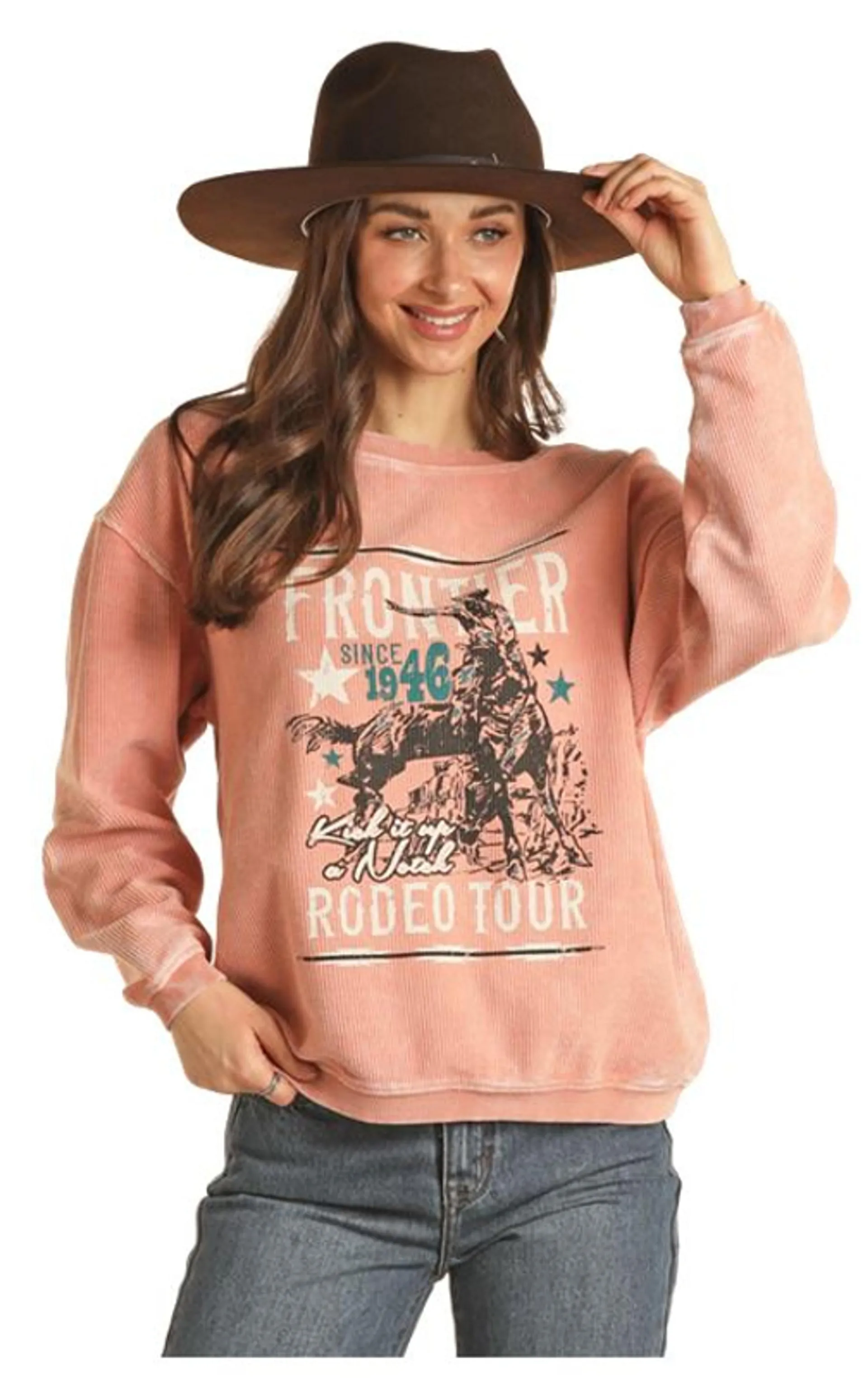 Rock & Roll Cowgirl Women's Coral Terracotta Frontier Rodeo Tour Ribbed Long Sleeve Pullover