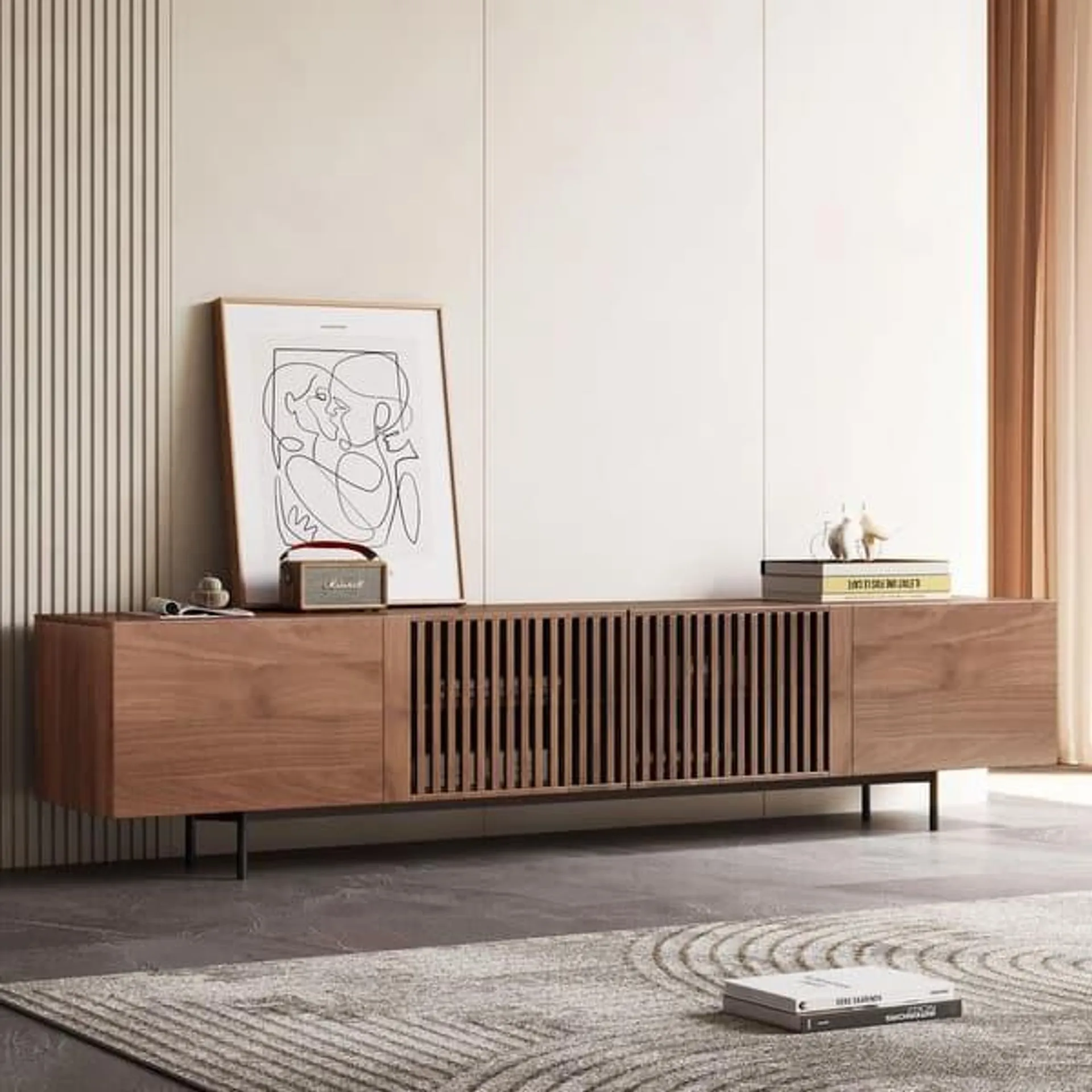 Mid-Century Modern TV Stand Media Console TV Entertainment Center t with 4 Storage Cabinets Television Stands for Living Room