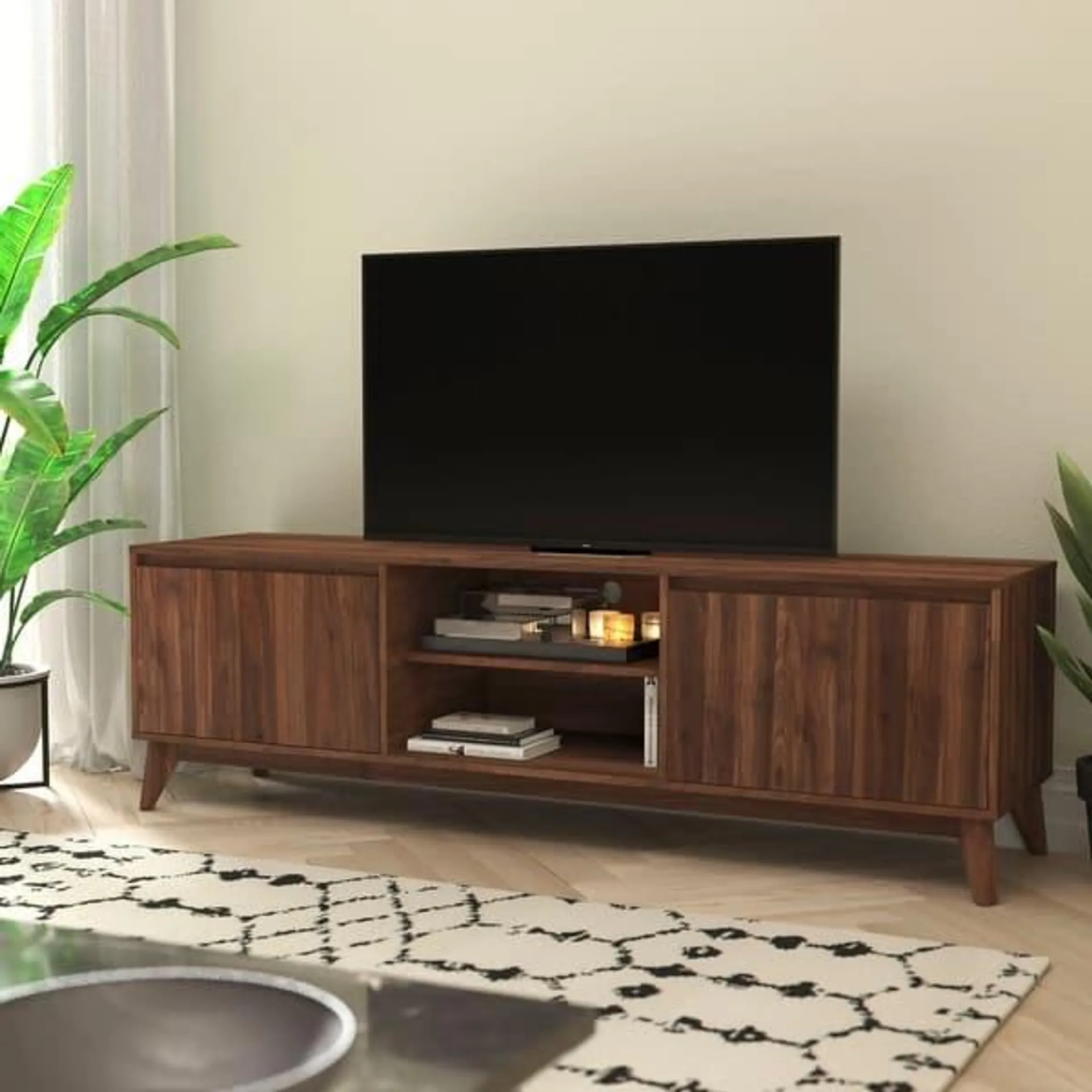 TV Stand with Adjustable Middle Shelf - Dual Soft Close Storage Doors