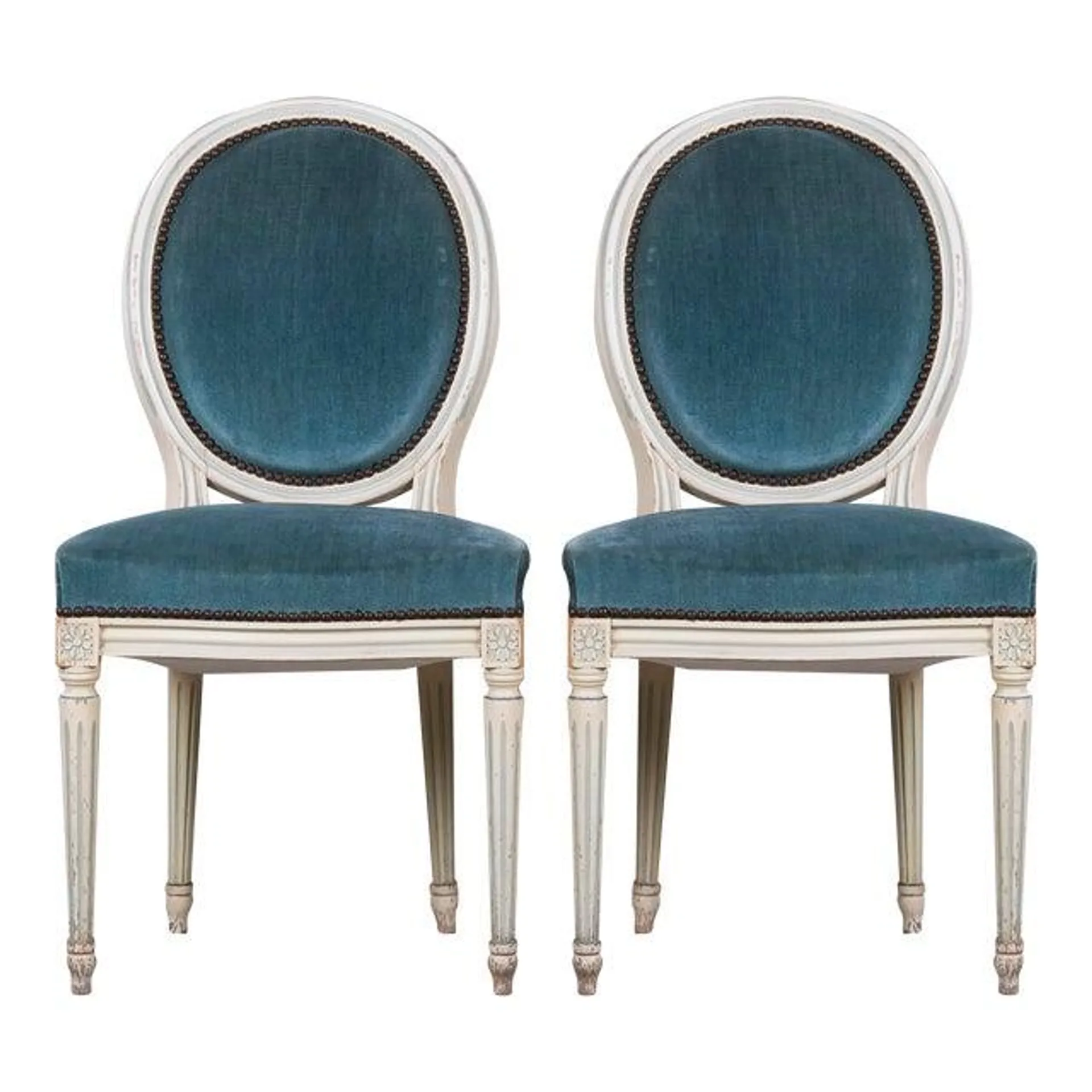 Antique French Louis XVI Style Painted Side Chairs W/ Blue Velvet - a Pair