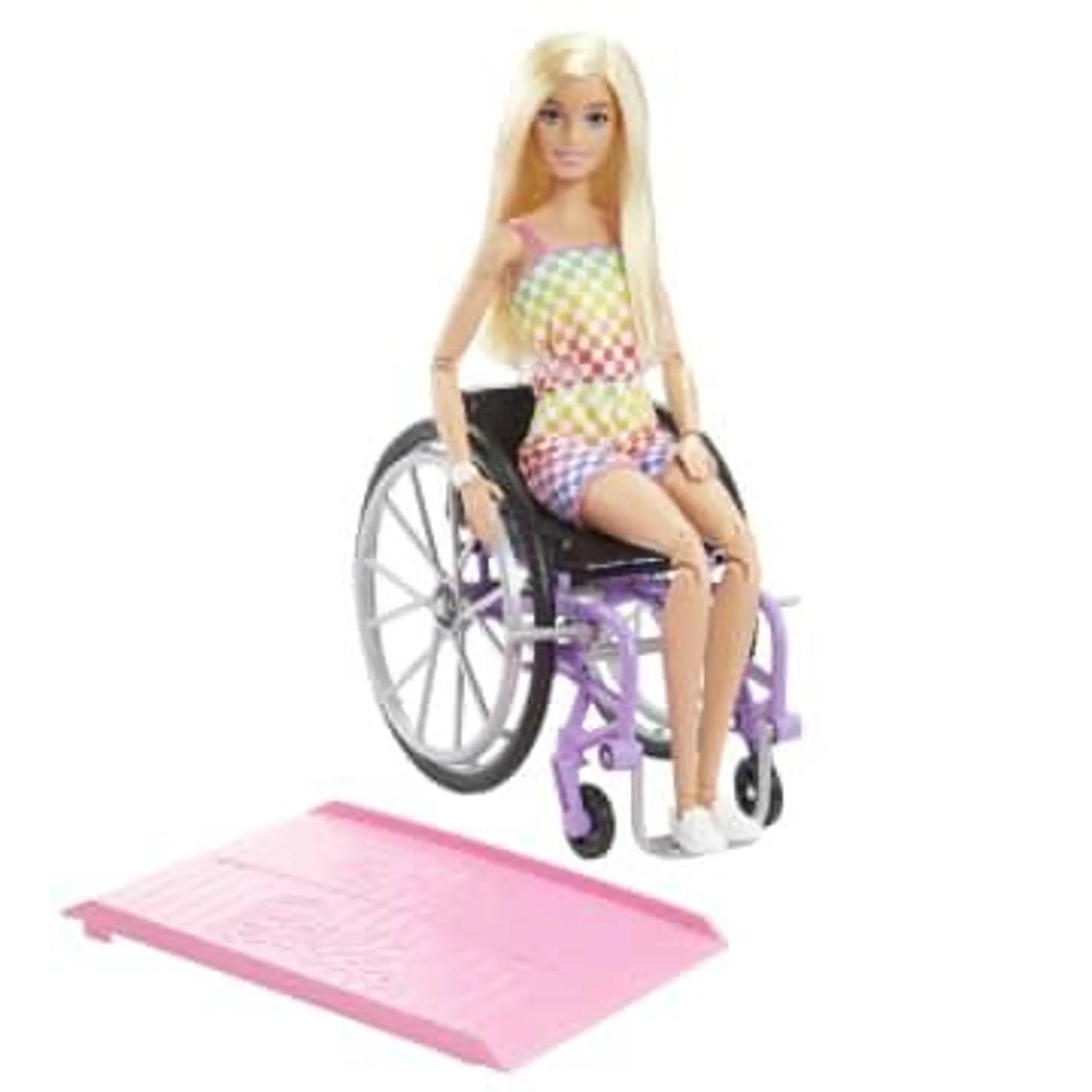 Barbie Fashionistas Doll #194 With Wheelchair & Ramp, Blond Hair, Rainbow Dress & Accessories