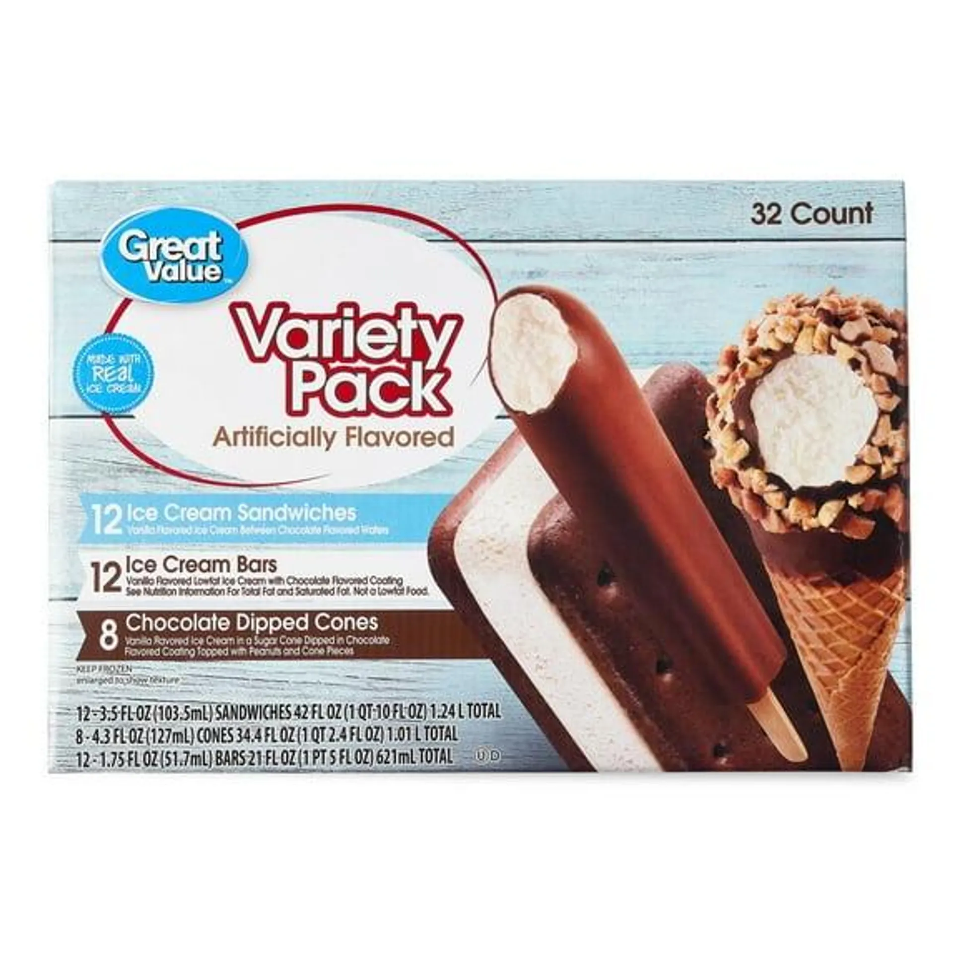 Great Value Ice Cream Bar Variety, 97.4 fl oz, 32 Novelty Pack