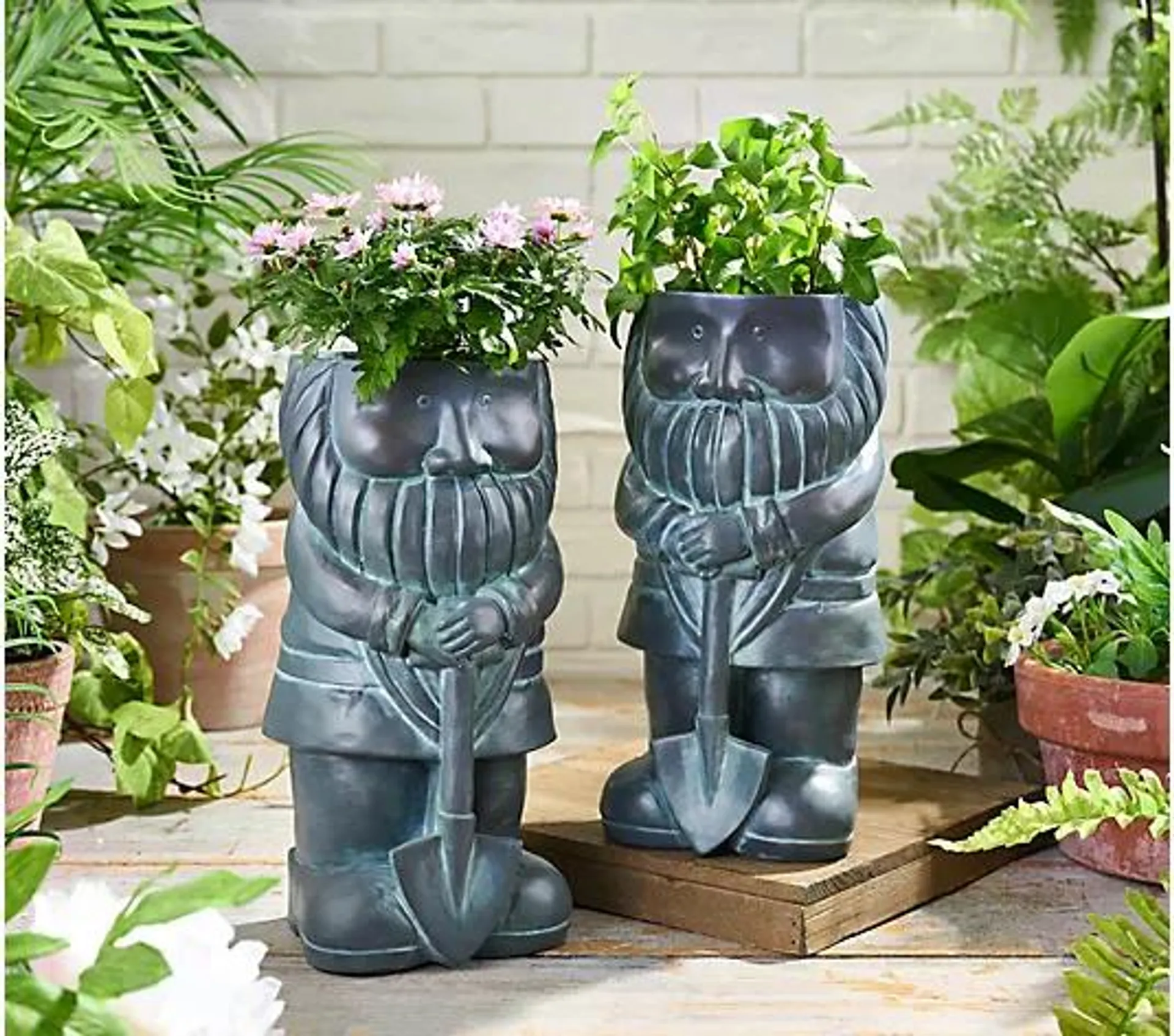 Jennings Set of (2) 13.4" Resin Faux Stone Mr & Mrs Gnome Planters