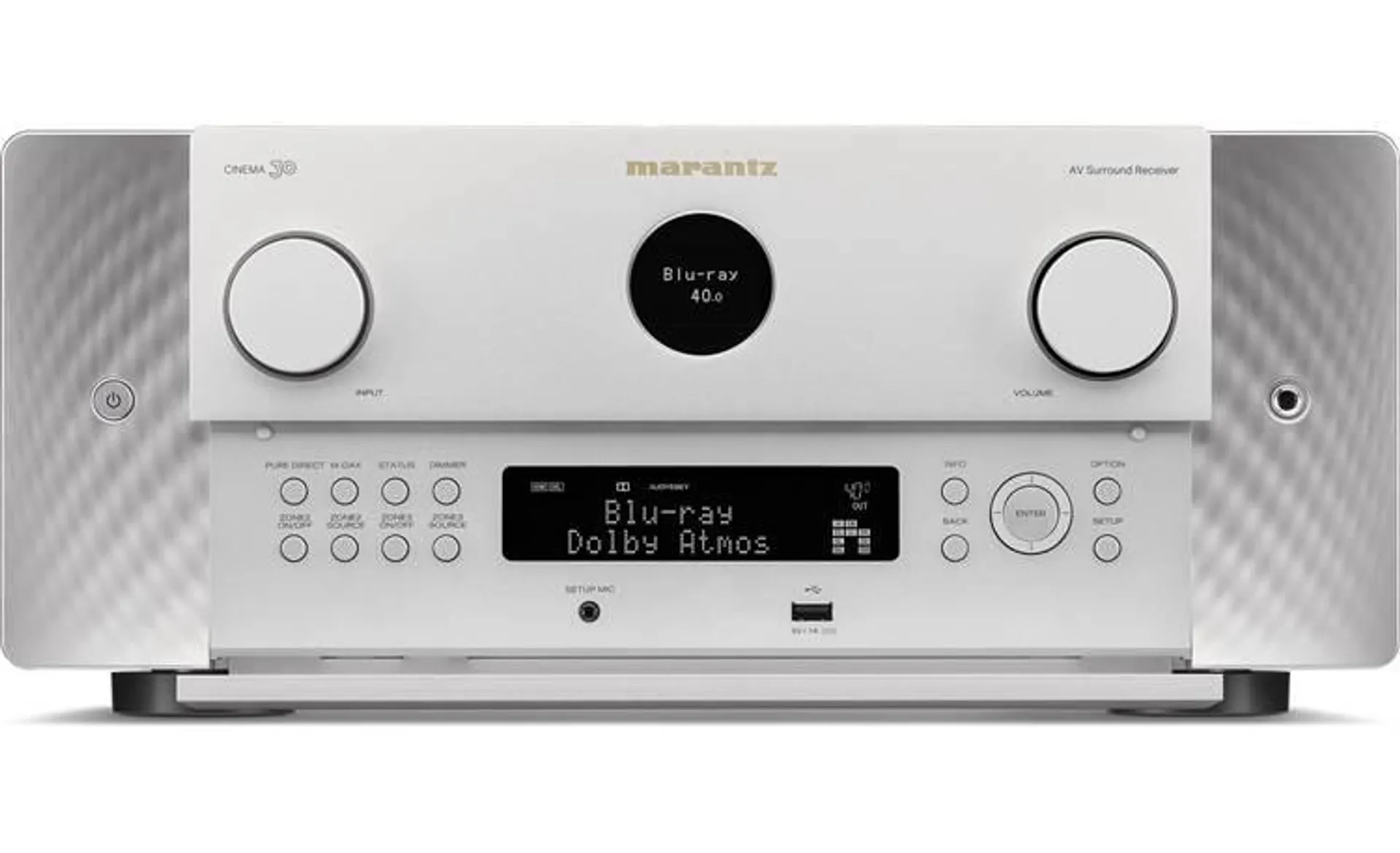 11.4-channel home theater receiver with Dolby Atmos®, Bluetooth®, Apple AirPlay® 2, and Amazon Alexa compatibility (Silver Gold)