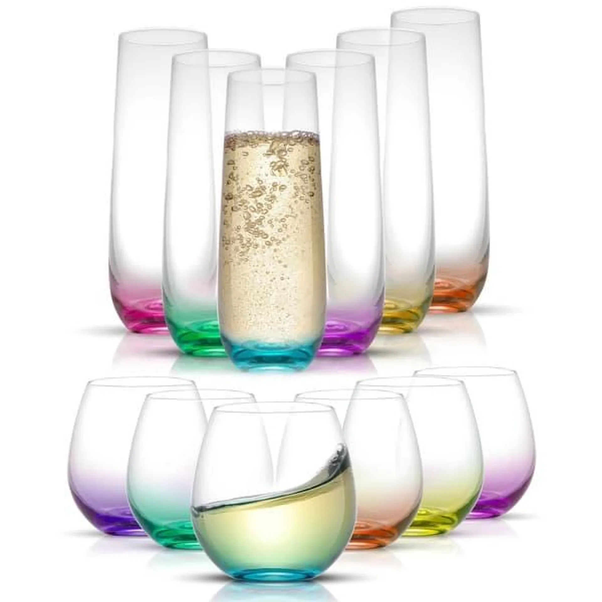 JoyJolt Hue Stemless Collection Colored Wine Glasses and Colored Champagne Flutes Set of 12