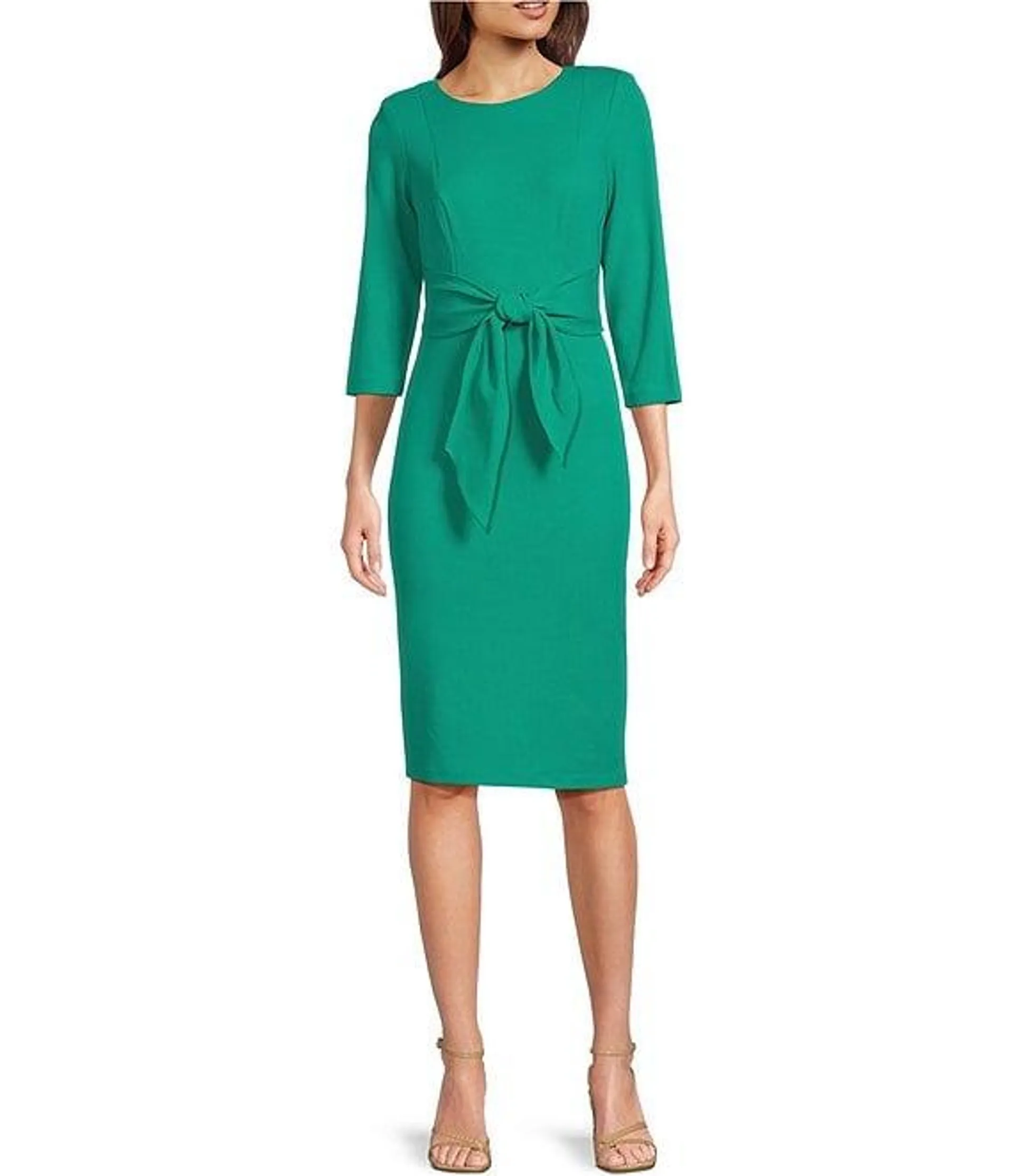 Stretch Crepe Crew Neck Tie Waist 3/4 Sleeve Midi Sheath Dress