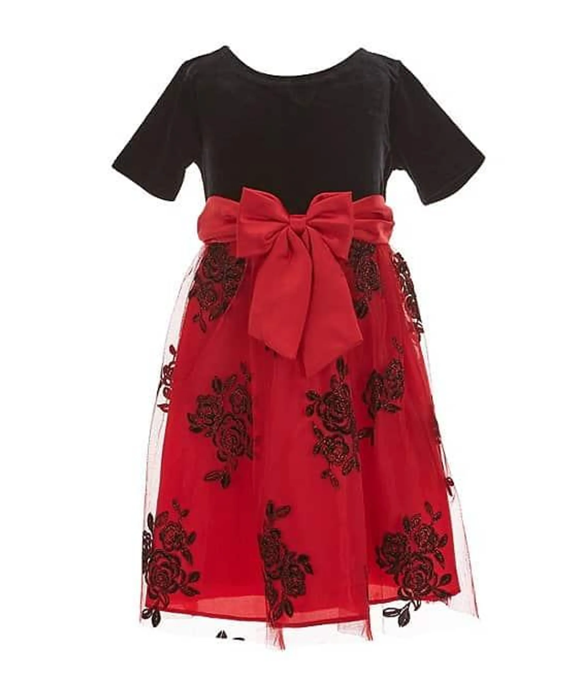 Little Girls 2T-6X Short-Sleeve Velvet/Glitter-Accented Flocked Mesh Skirted Fit-And-Flare Dresss