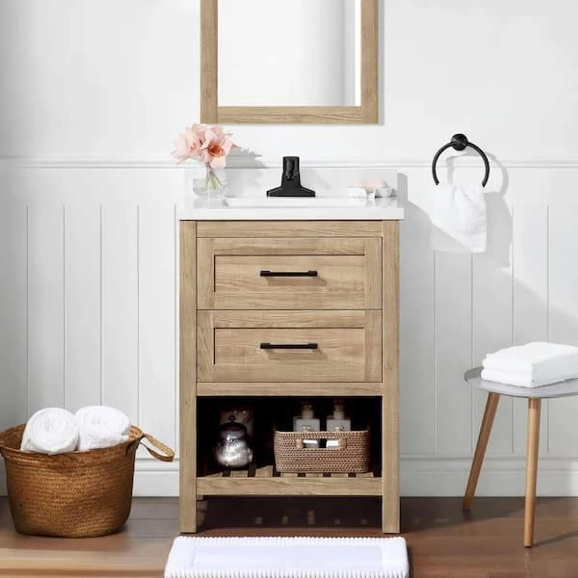 Autumn 24 in. Single Sink Weathered Tan Bath Vanity with White Engineered Stone Top (Assembled)