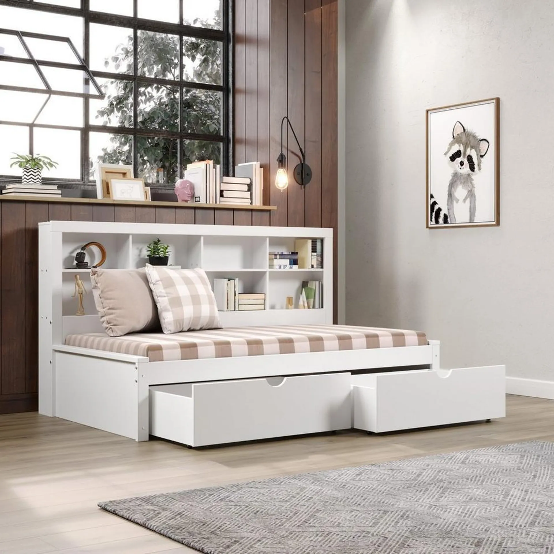 Equable Twin White Bookcase Daybed with Drawers