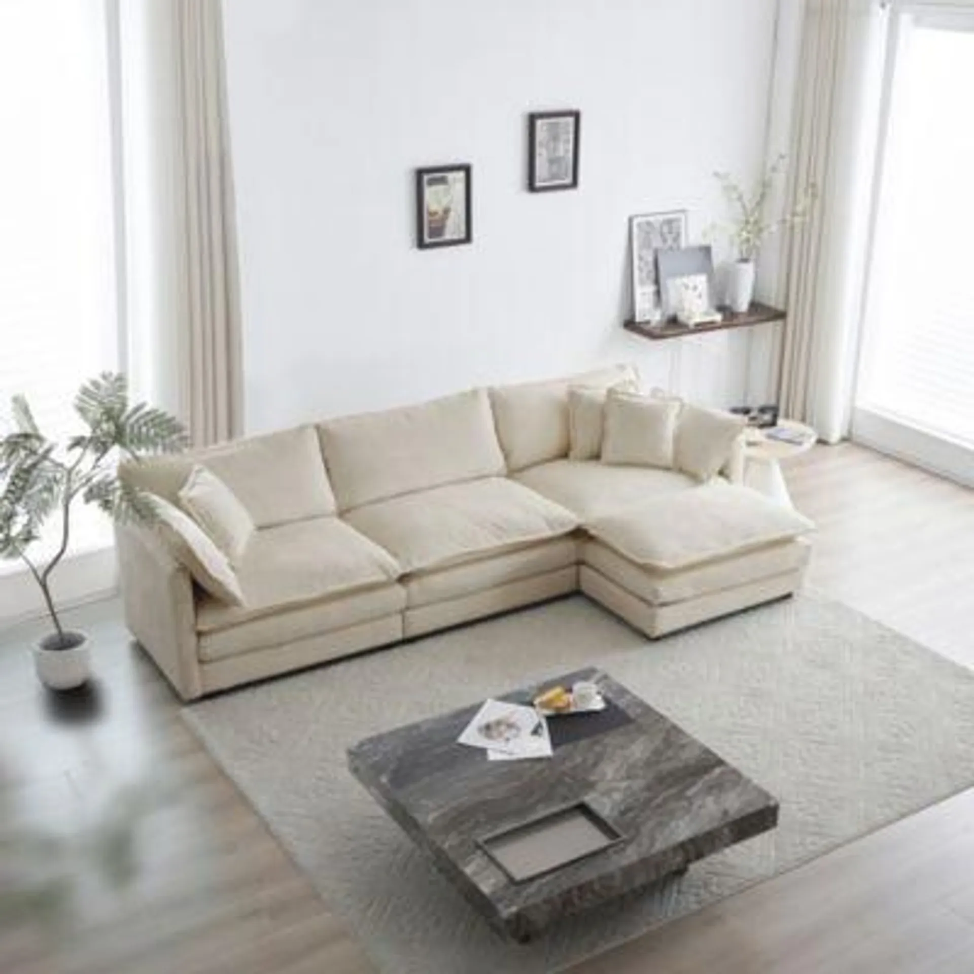 Streamdale Furniture Oversized L-Shaped Sectional Sofa with Reversible Ottoman, Beige Chenille