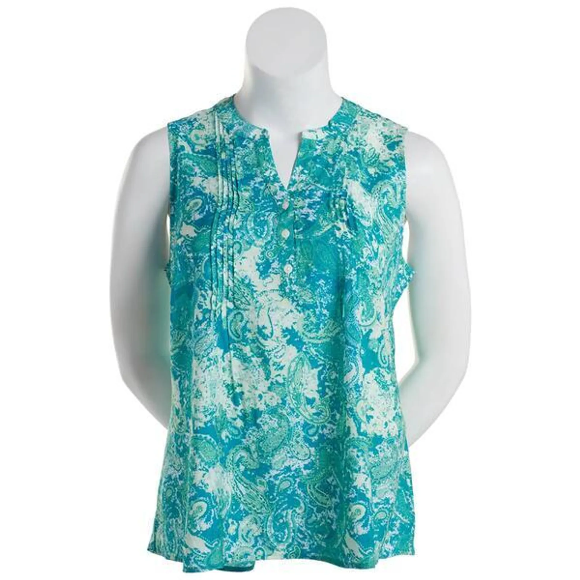 Plus Size Notations Sleeveless Inky Paisley Pleat Blouse