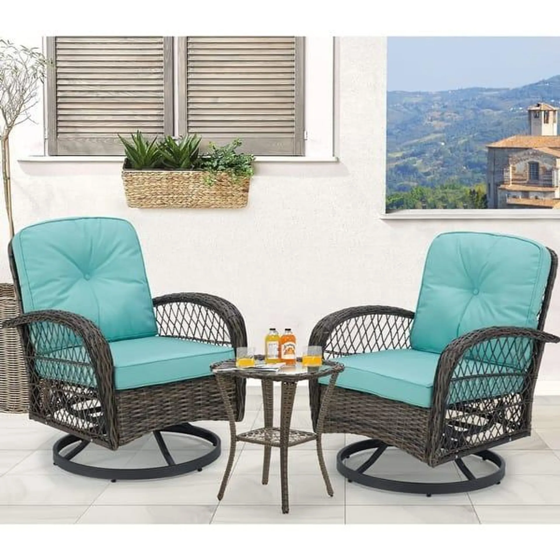 Outdoor Rocker Patio Chairs 360 ° Swivel , 3 or 5 Pieces Patio Conversation Set with Thickened Cushions and Glass Table