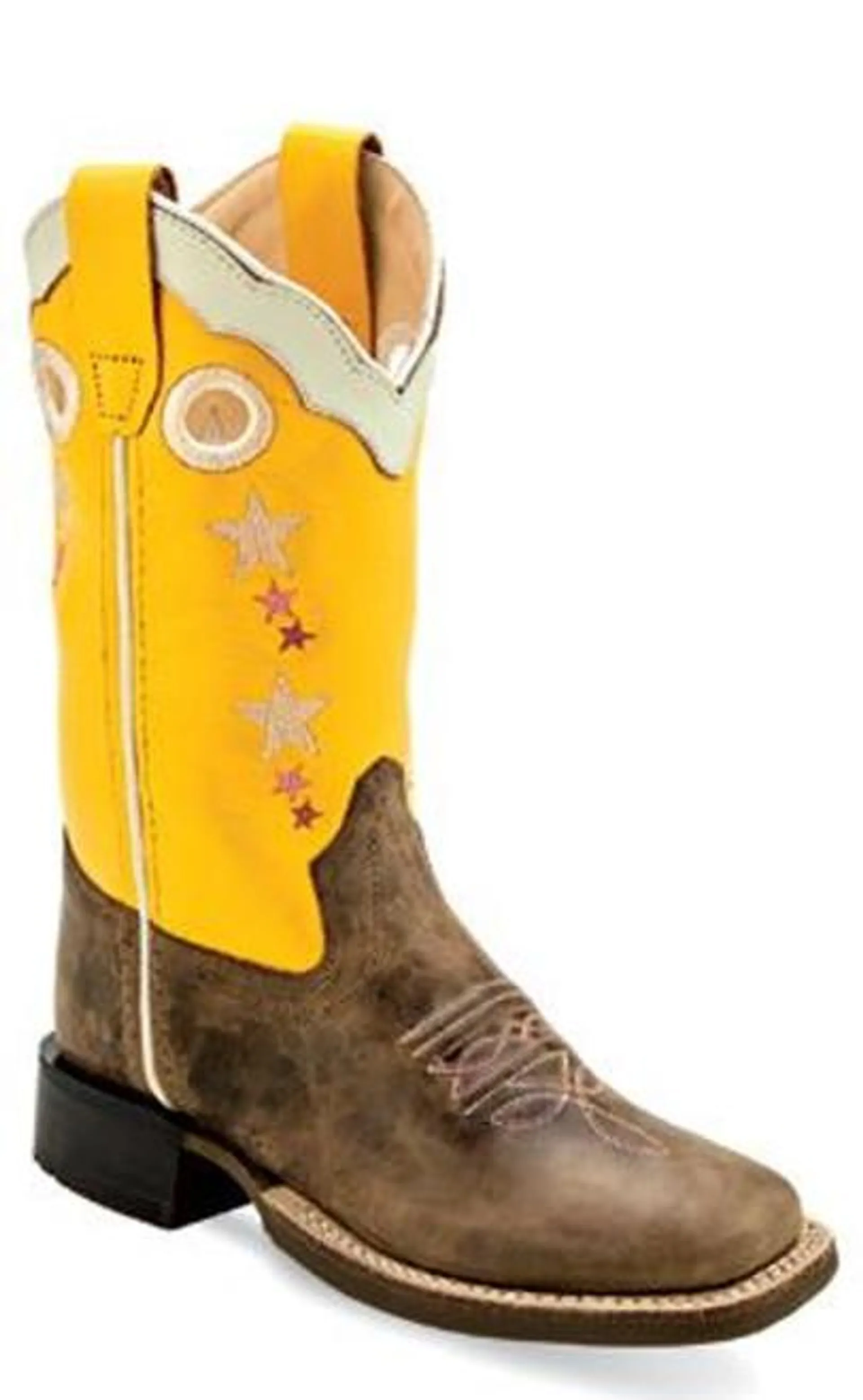 Old West Girls Yellow and Brown With Stars Broad Square Toe Boots