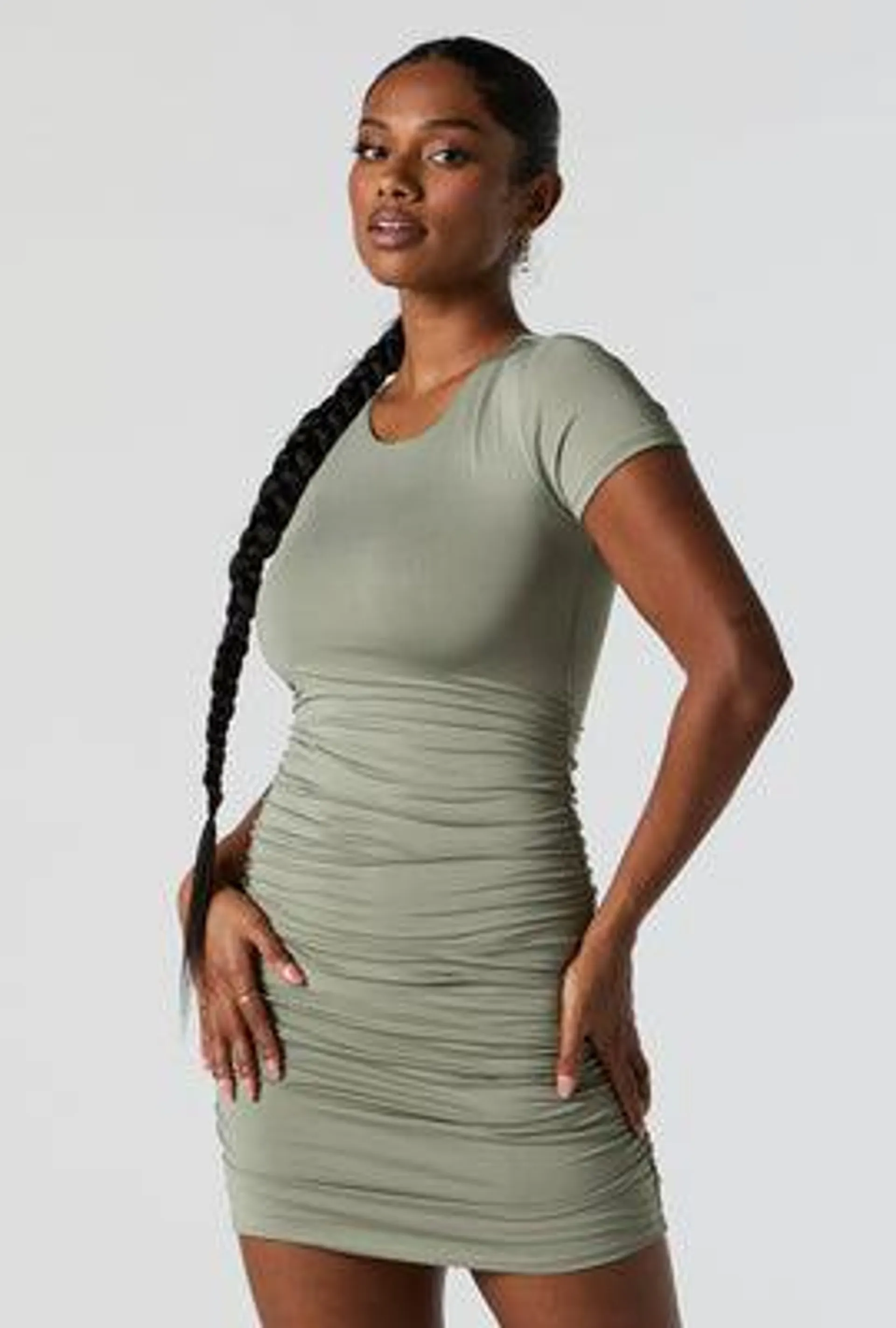 Green Contour Short Sleeve Ruched Mini Dress