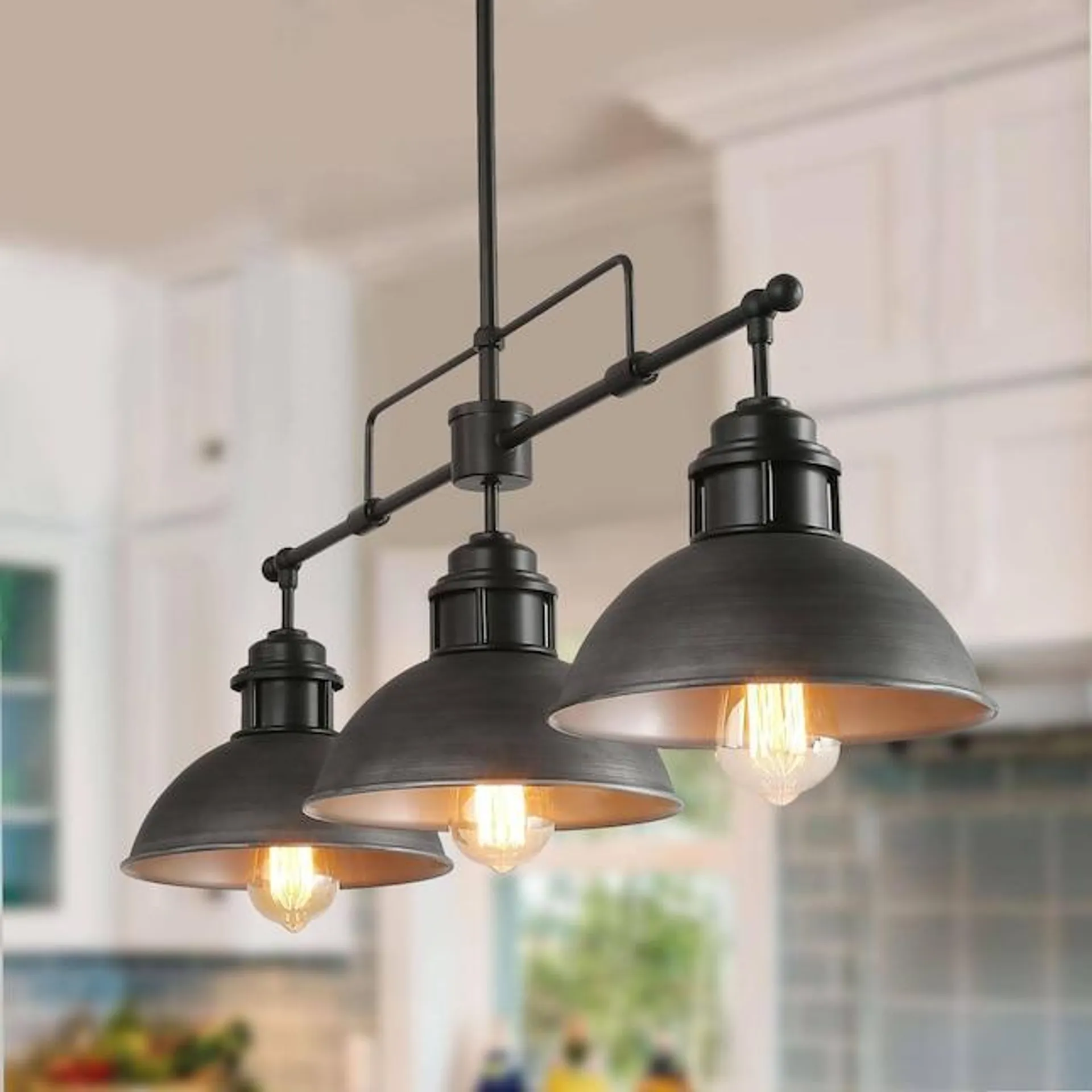 LNC Donnish Farmhouse Dome 3-Light Brushed Grey Traditional Linear LED Large Hanging Kitchen Island Light