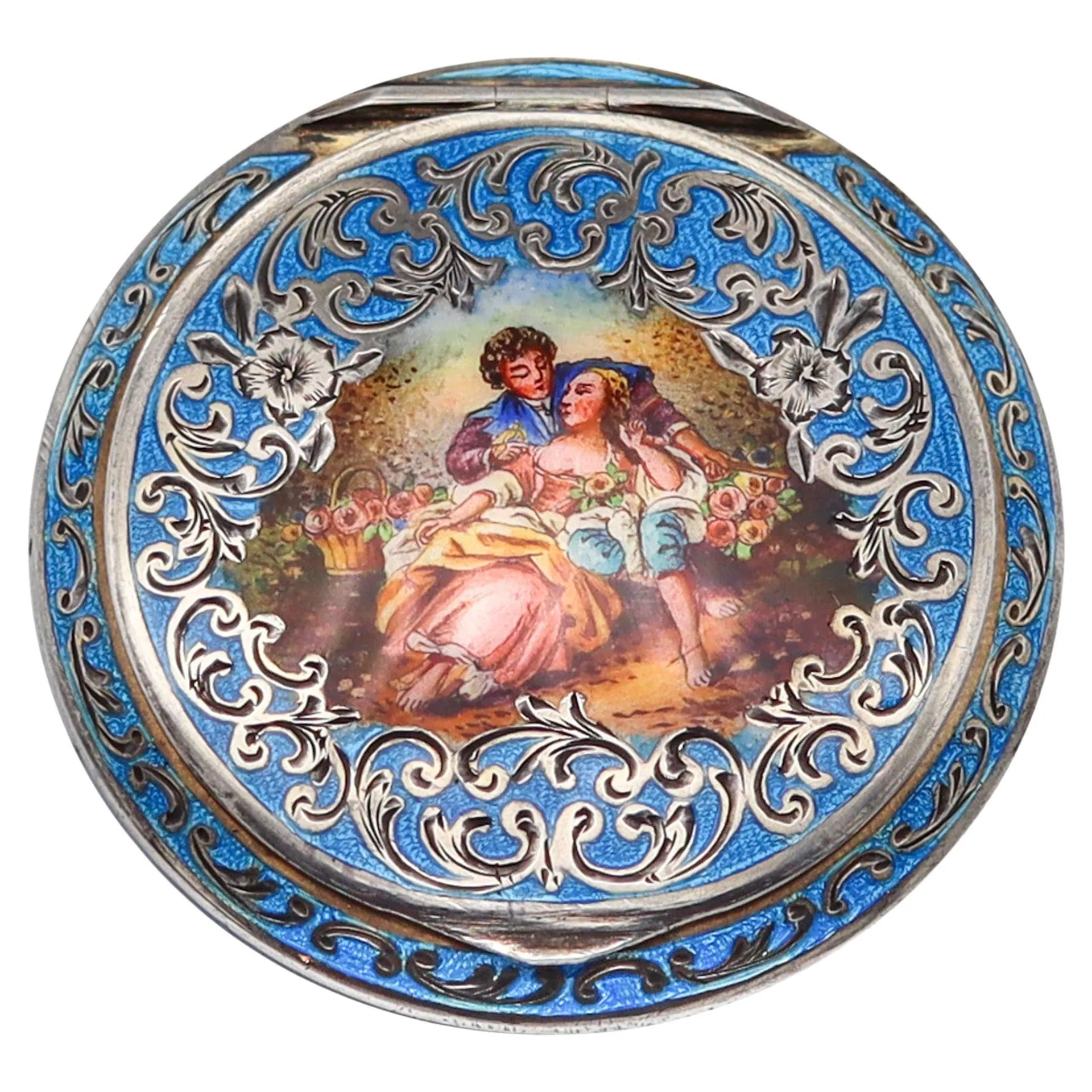 Austria 1922 Art Deco Polychrome And Blue Enamel Round Box .925 Sterling Silver