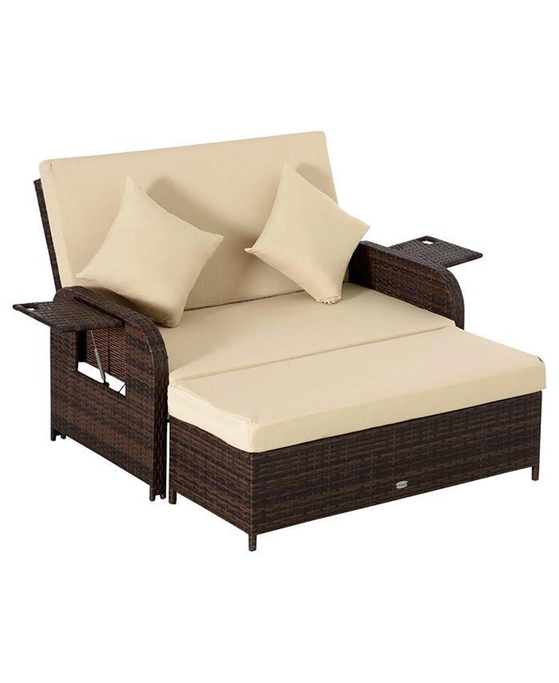 Patio Wicker Loveseat Sofa Set, Outdoor PE Rattan Garden Assembled Sun Lounger Daybed Furniture, w/ Storage Ottoman & Side Tables/ Drink Trays for Poolside, Porch, Backyard, Beige