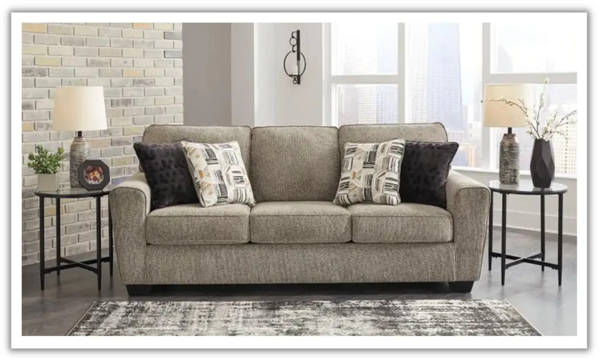 Ashley McCluer 3-Seater Mocha Fabric Sofa With Faux Wood Leg Finish