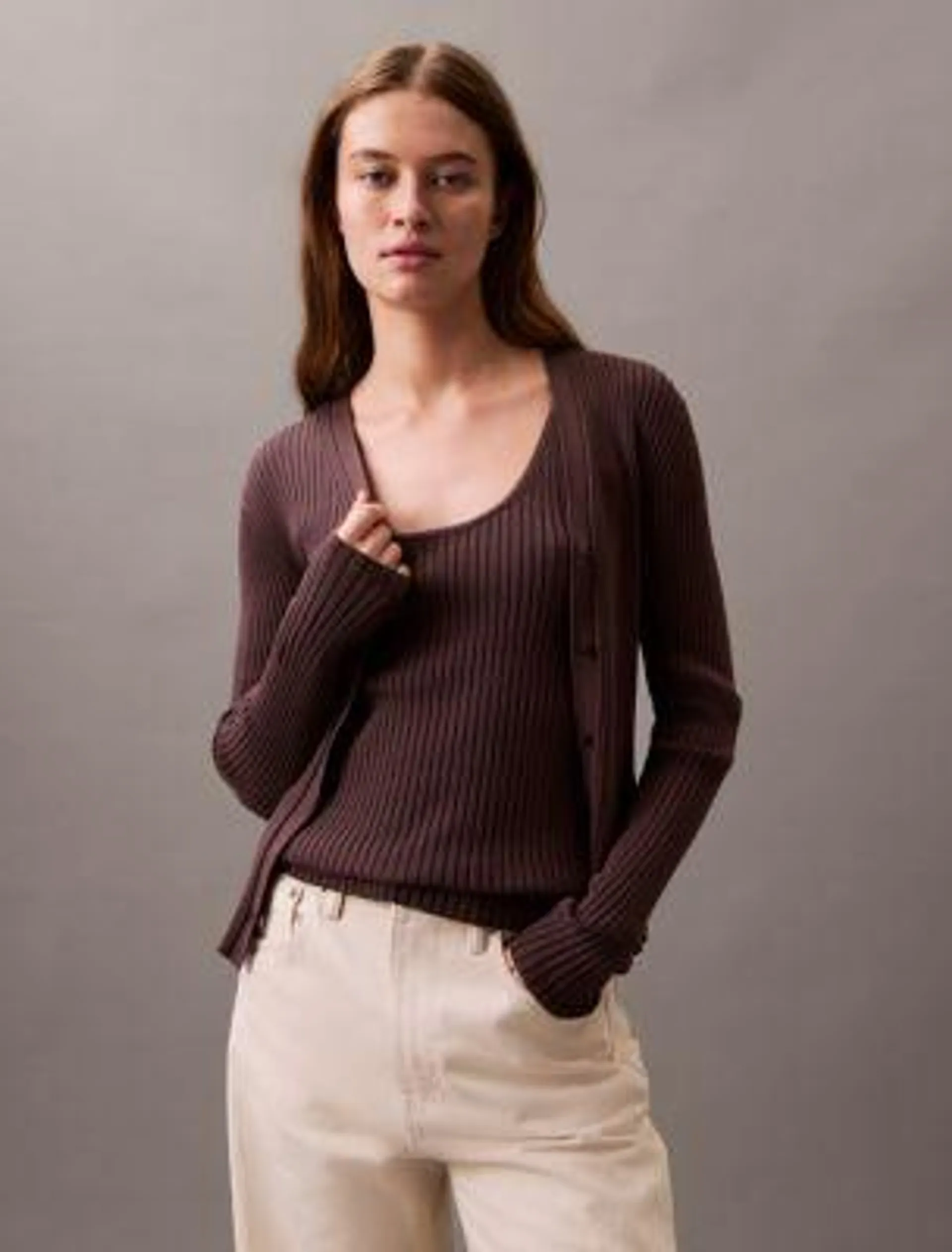 Smooth Cotton Rib Sweater Cardigan