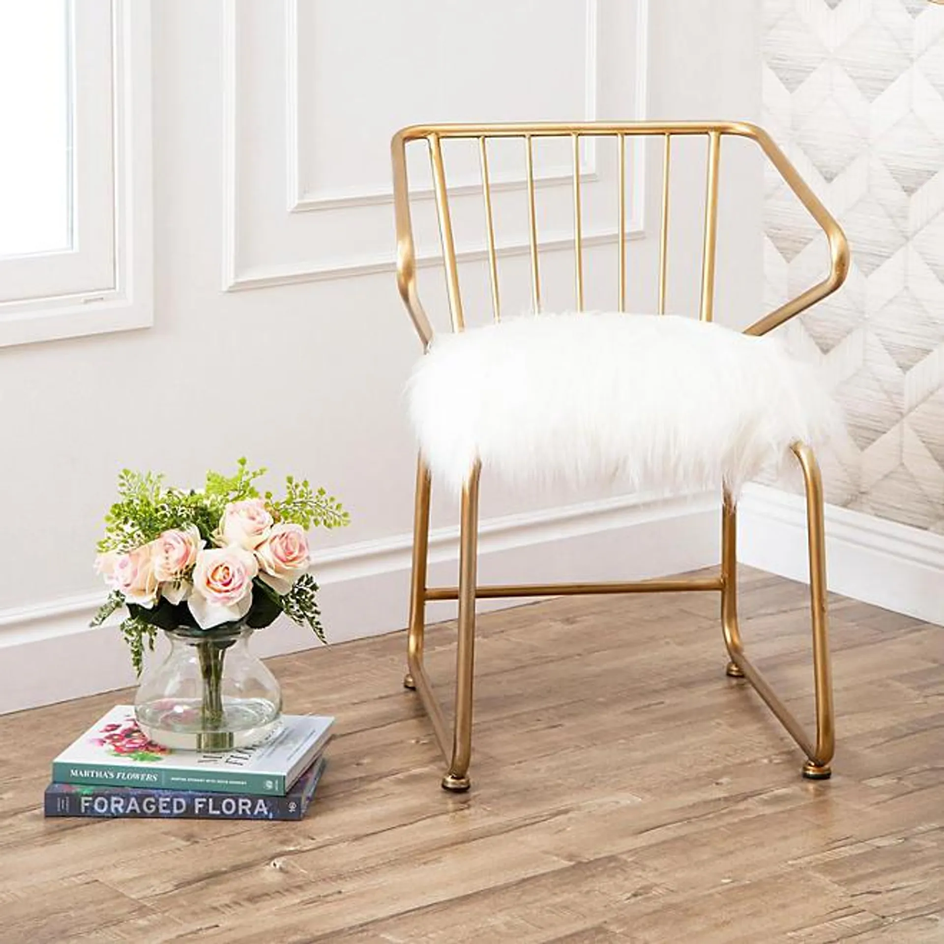 Lila Modern Gold Finished Iron Frame Faux Fur Dining Chair