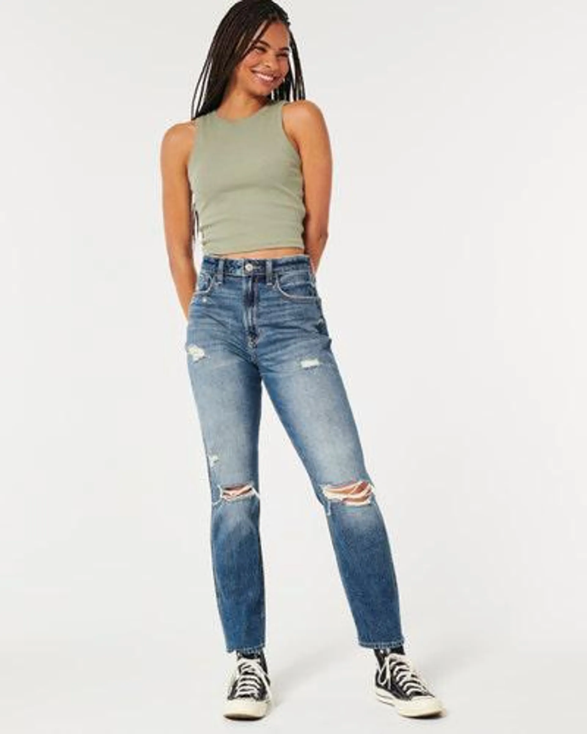 Ultra High-Rise Ripped Medium Wash Mom Jeans