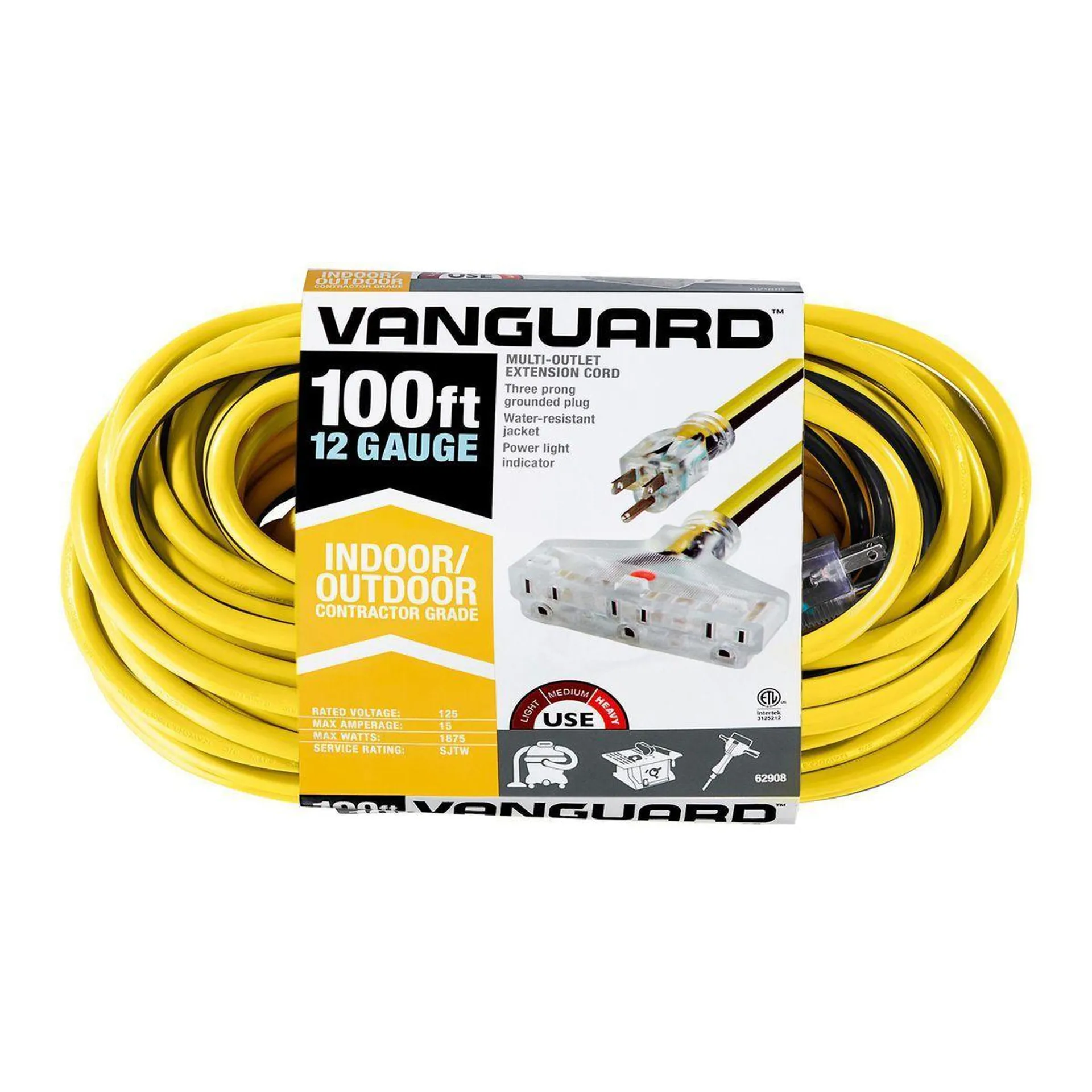100 ft. x 12/3 Gauge Multiple Outlet Extension Cord with Indicator Light, Yellow, Black