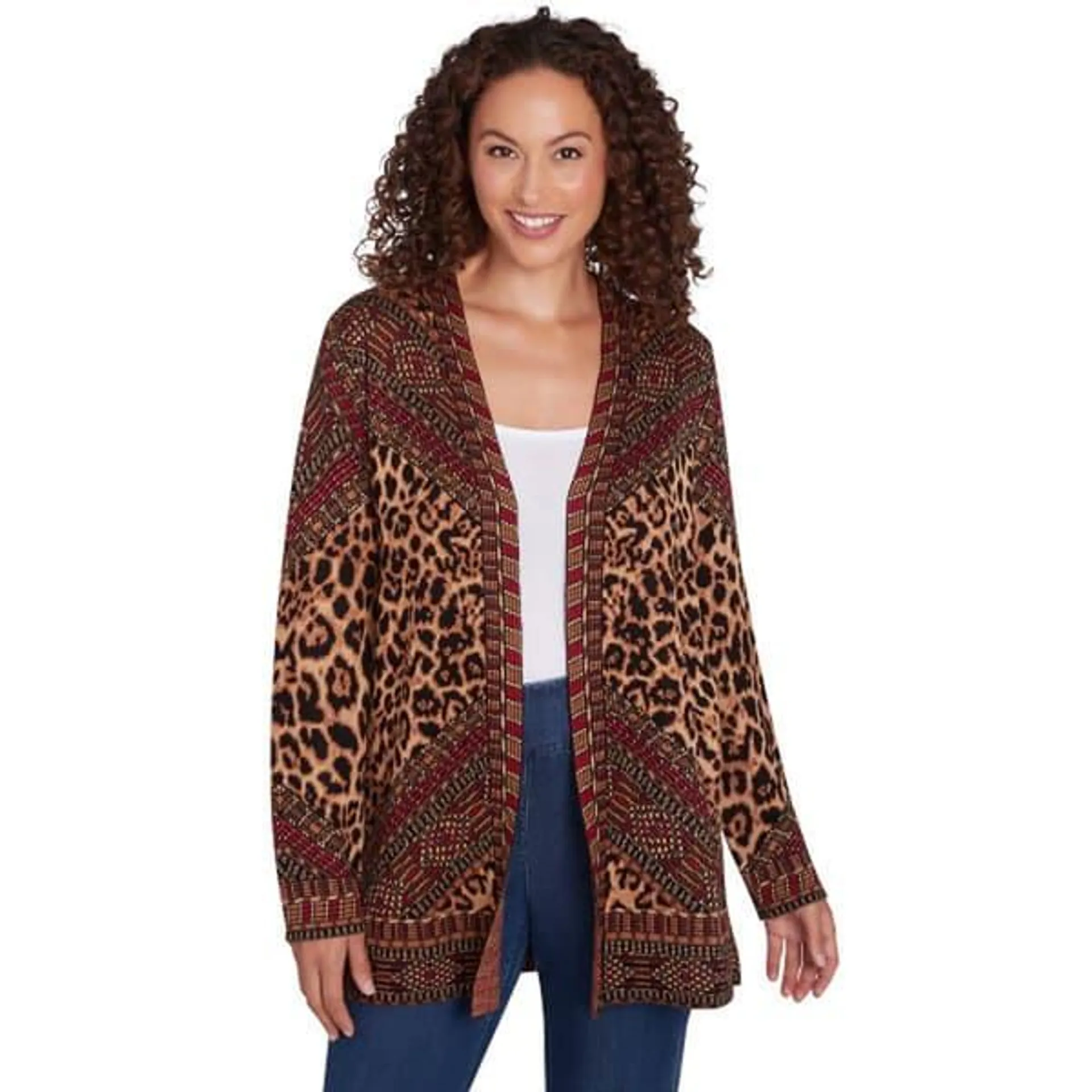 Womens Ruby Rd. Go Wild Open Front Leopard Jacquard Cardigan