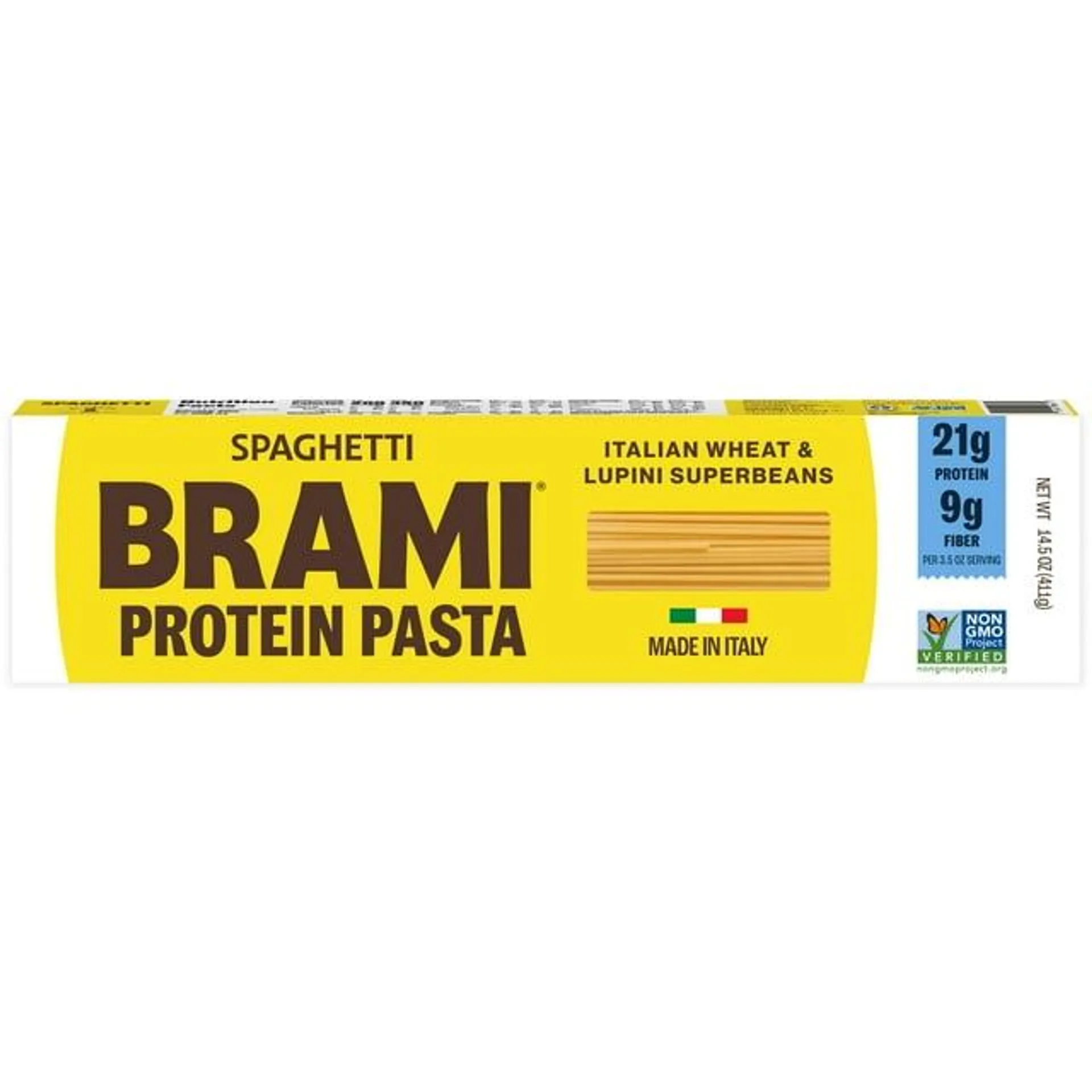 Brami Spaghetti Italian Protein Bronze Cut Pasta, Lower Carb, High Fiber, Non-GMO, Made in Italy, Heart Healthy Lupini Beans, Shelf-Stable, 14.5 oz Box