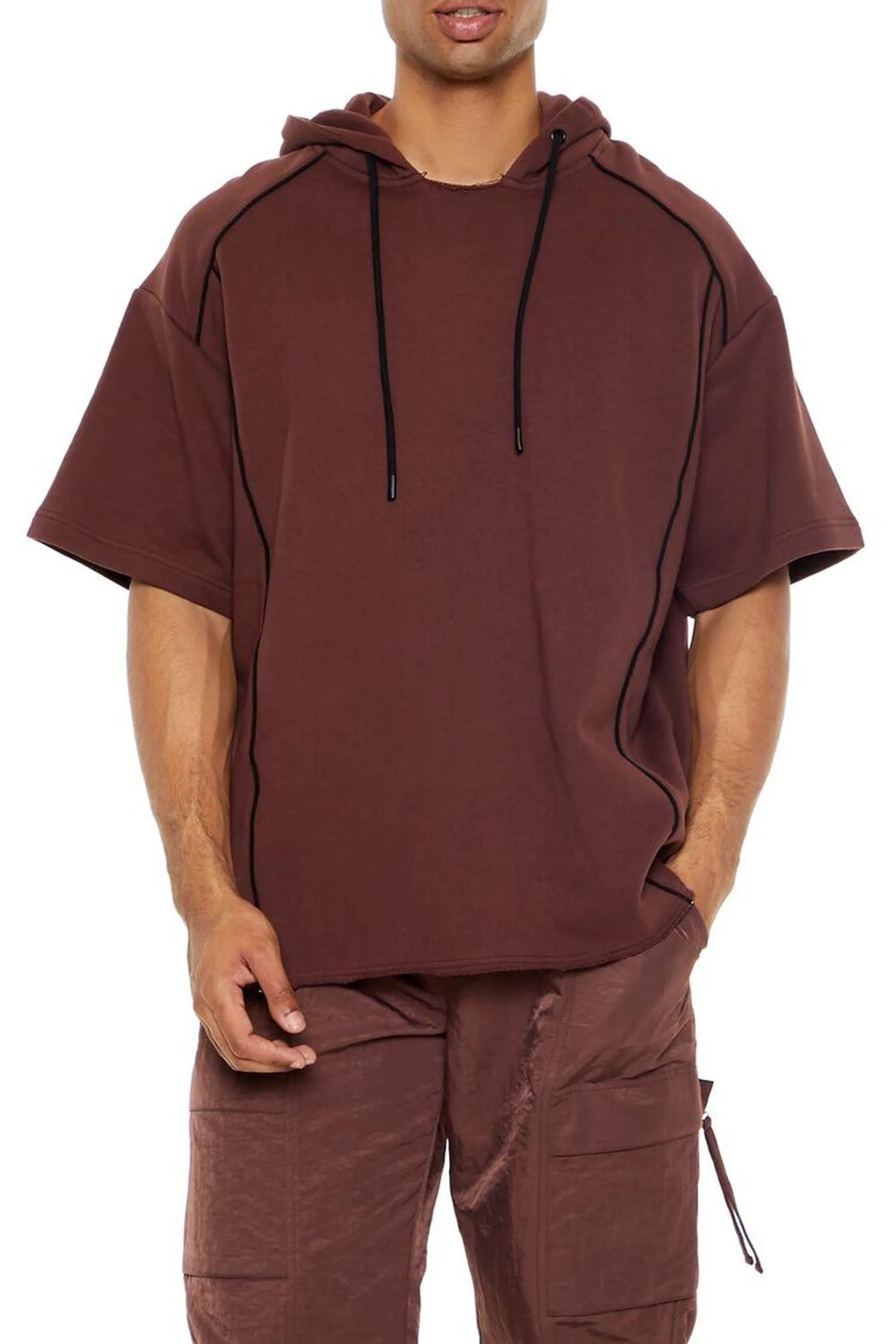 Piped-Trim Short-Sleeve Hoodie