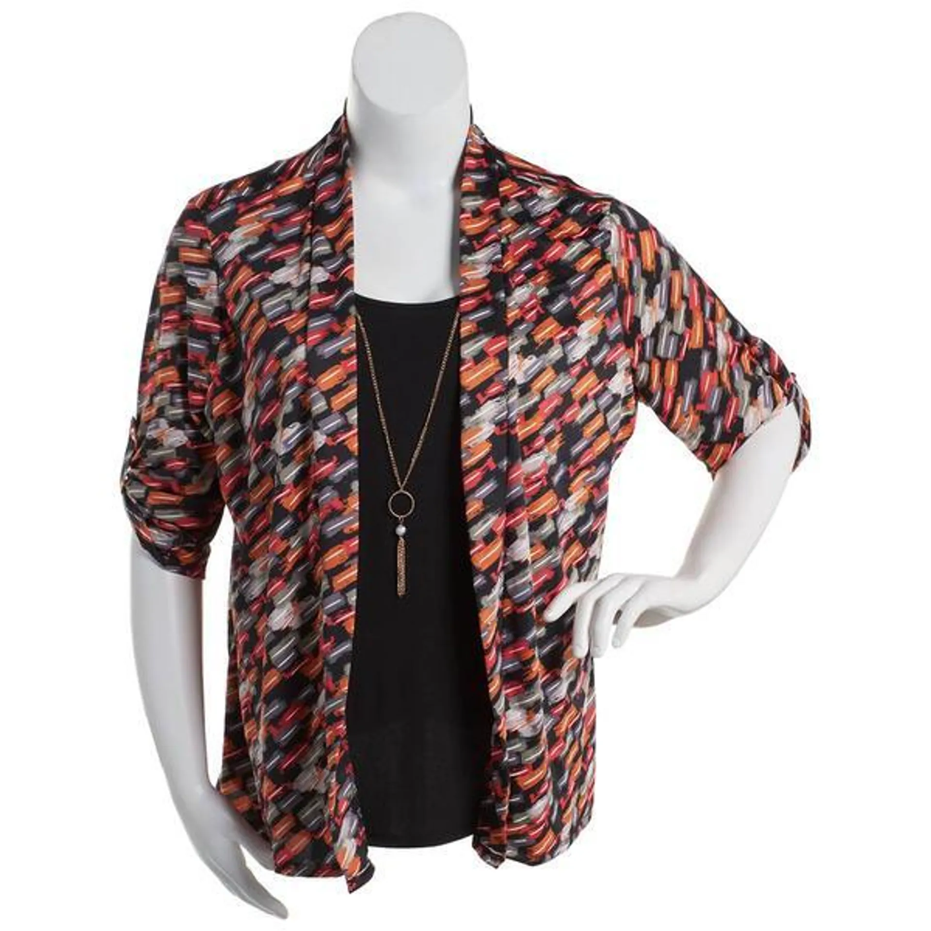 Plus Size Notations 3/4 Sleeve Geo Puff 2Fer Blouse w/Necklace