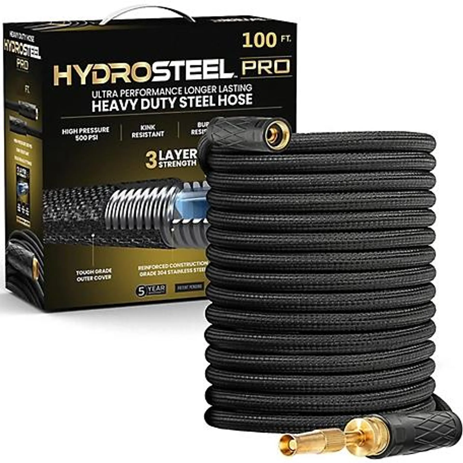 HydroSteel 5/8 in. x 100 ft. PRO Lightweight Kink-Free Stainless Steel Garden Hose