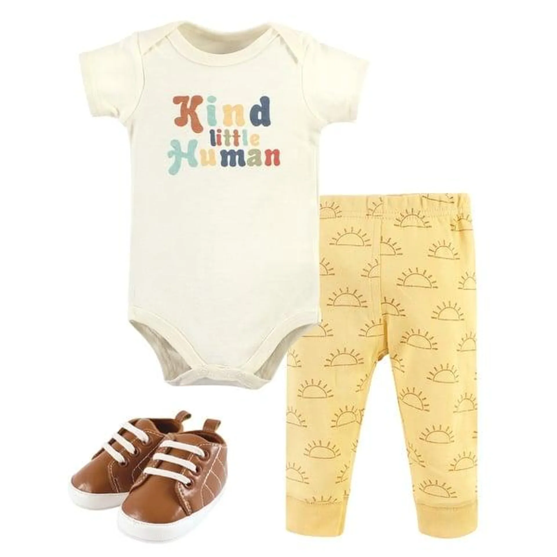 Hudson Baby Infant Boy Cotton Bodysuit, Pant and Shoe Set, Kind Human