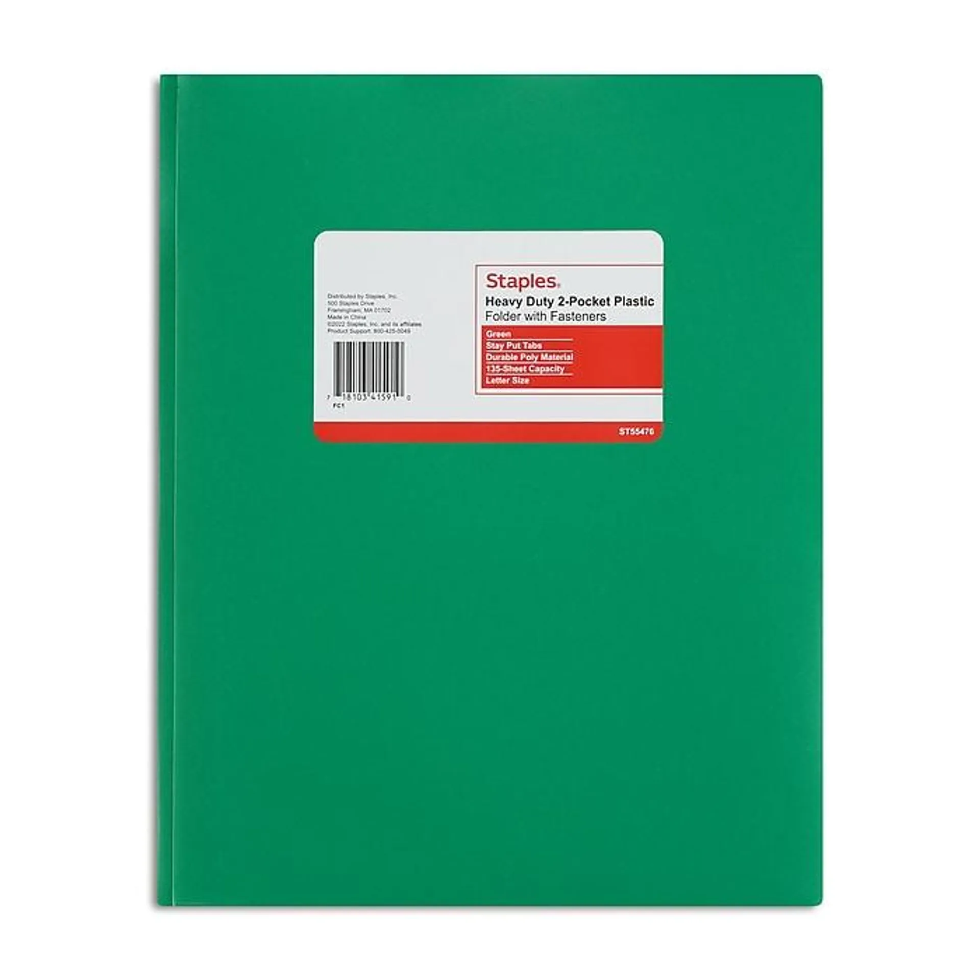 Staples Matte 2-Pocket Plastic Portfolio Folder with Fasteners, Green (ST55476-CC)