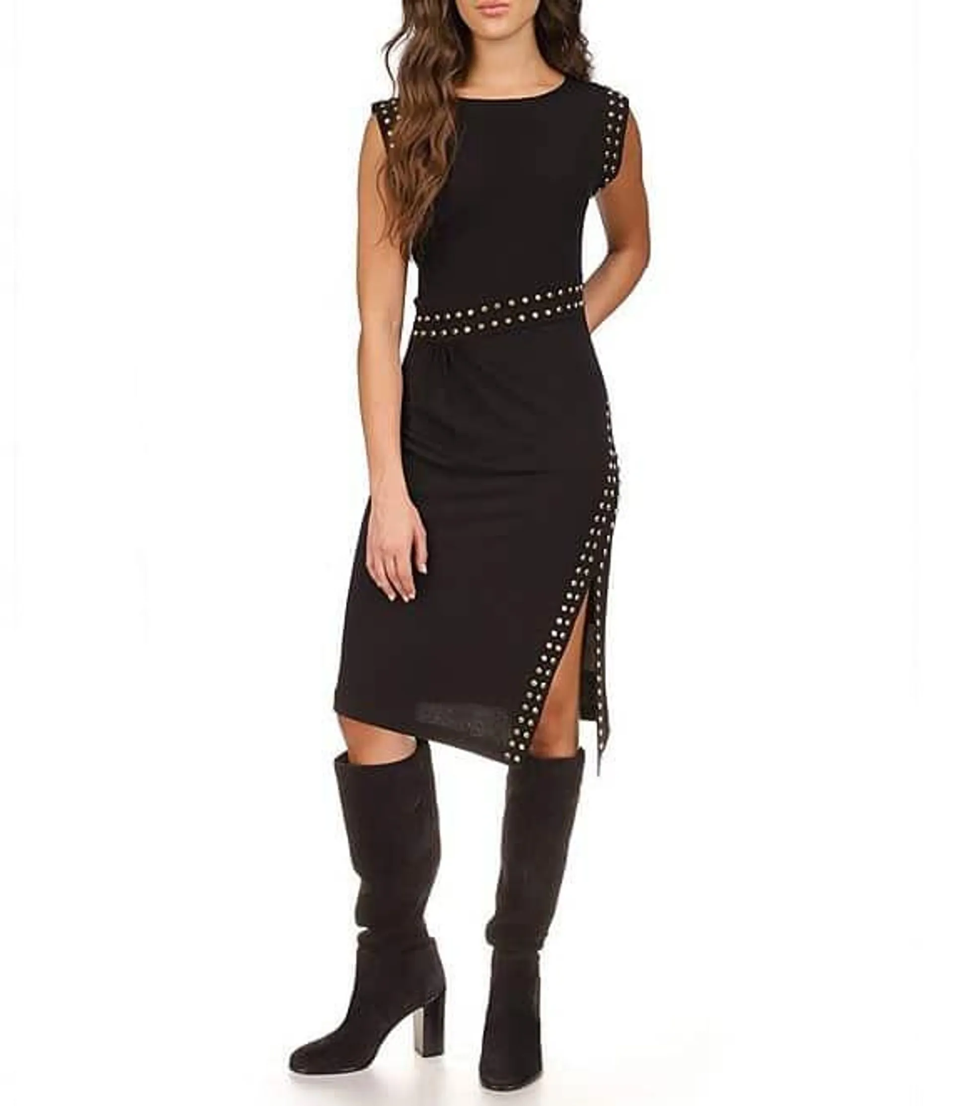 MICHAEL Michael Kors Matte Jersey Studded Crew Neck Sleeveless Asymmetrical Hemline Sheath Dress