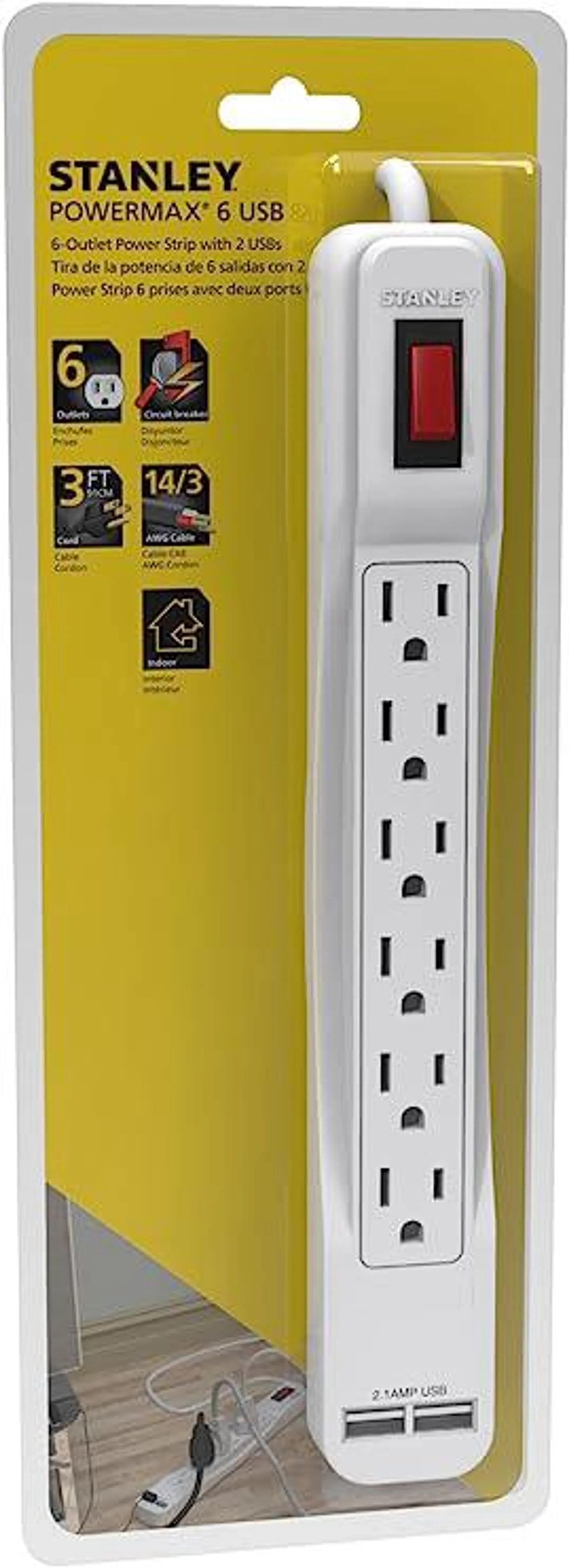 Stanley PowerMax 6-Outlet Power Strip with USB- 30024; 3 ft Heavy Duty Extension Cord, White