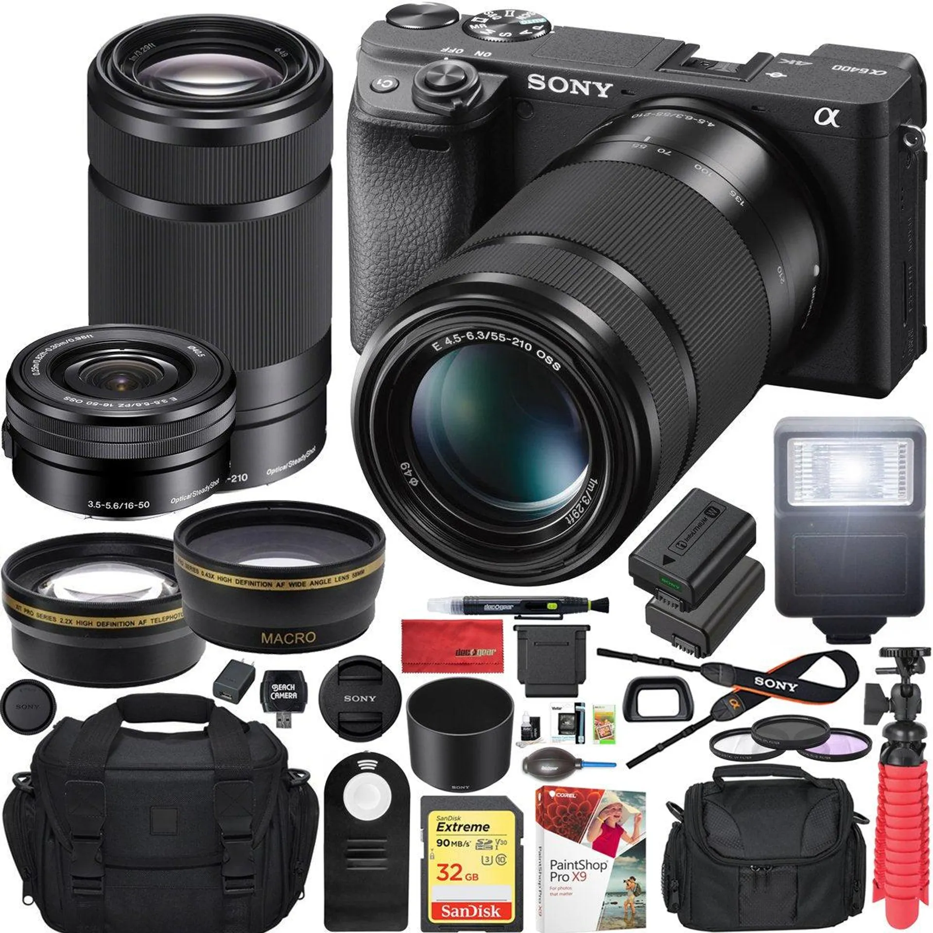 Sony a6400 4K Mirrorless Camera ILCE-6400L/B 16-50mm + 55-210mm 2 Lens Pro Case Kit