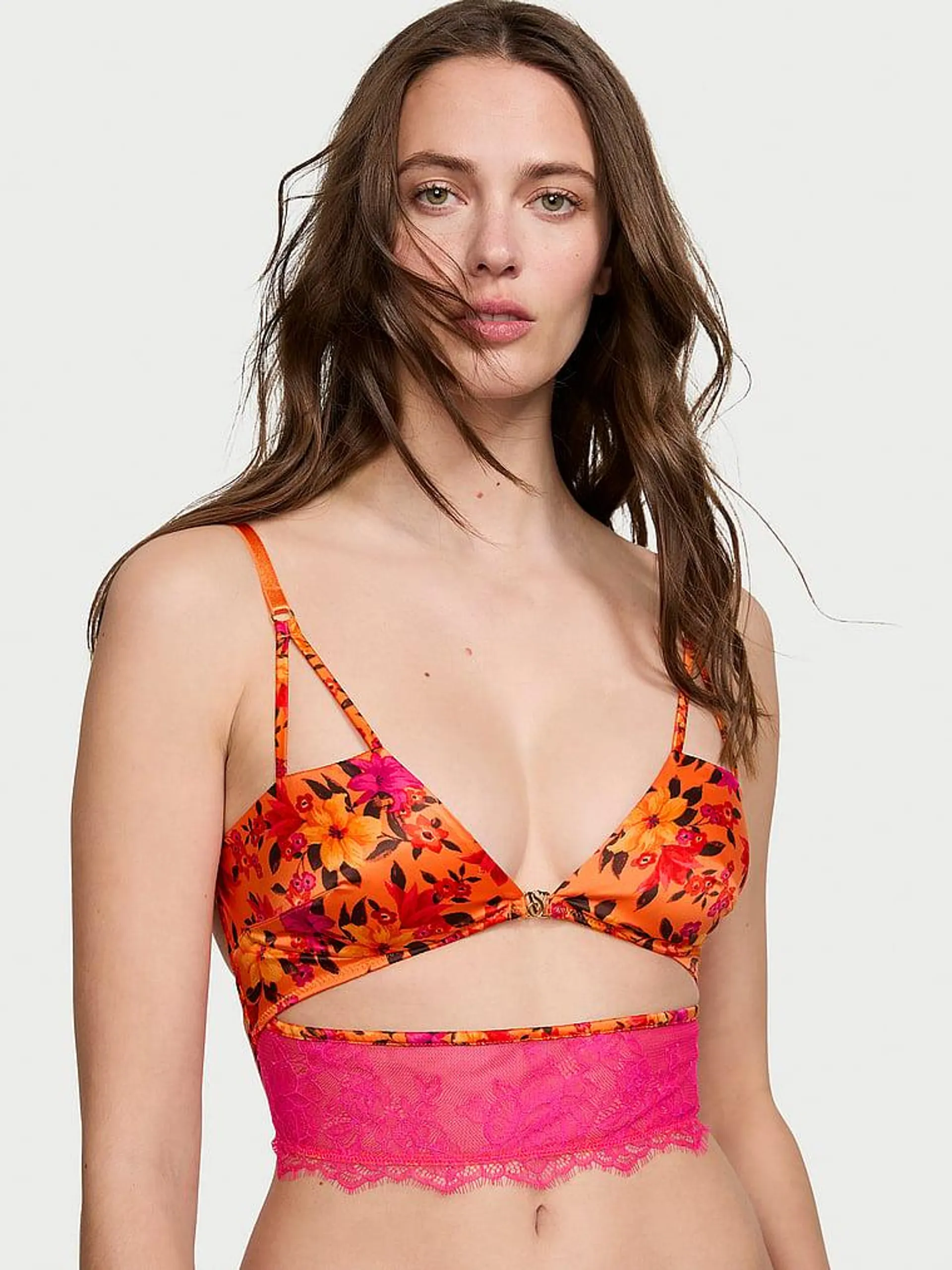 Tropical Satin Lace Cutout Bra Top