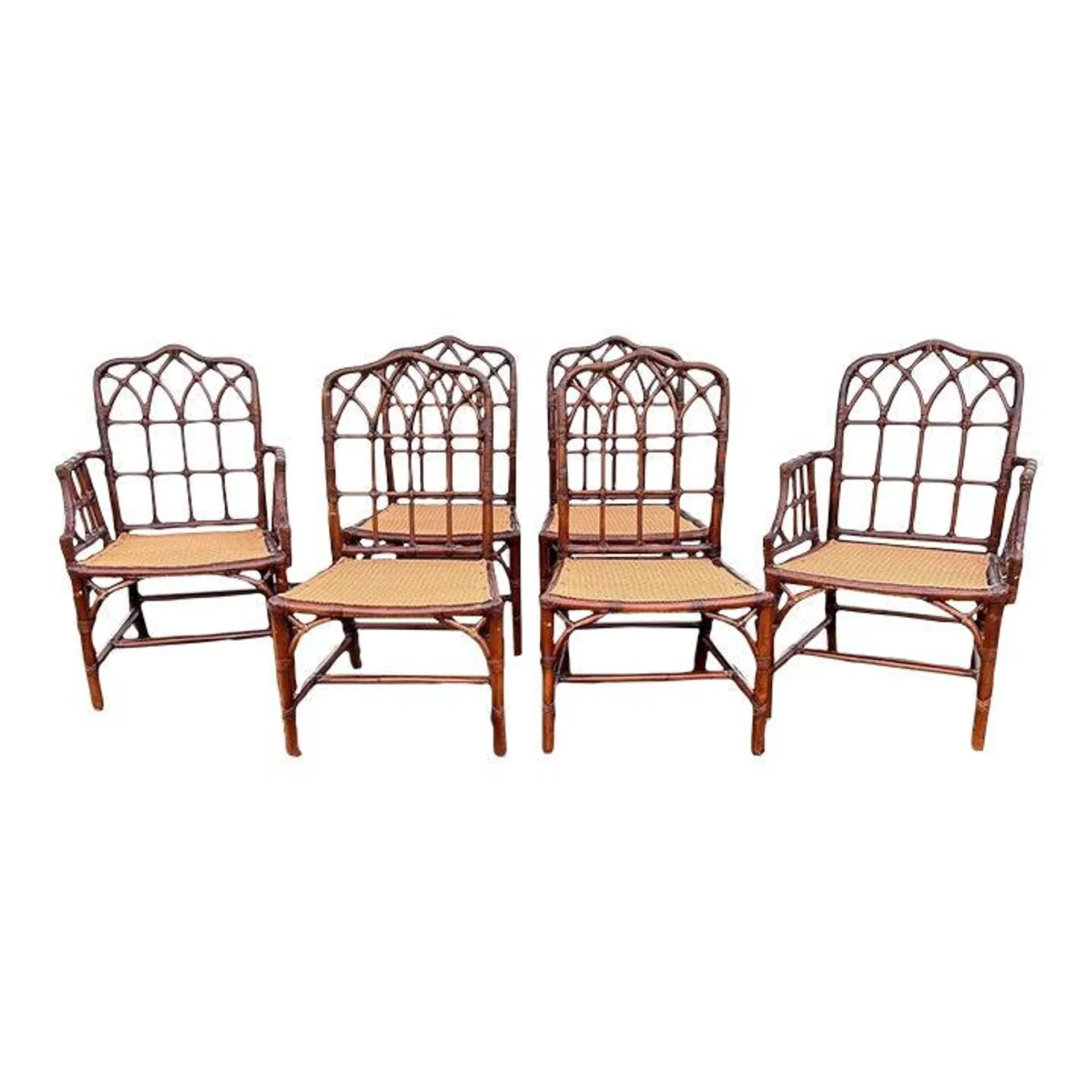 1980s Set 6 Authentic McGuire Cathedral Dining Chairs Fretwork, Brass Tag, Leather Wraps