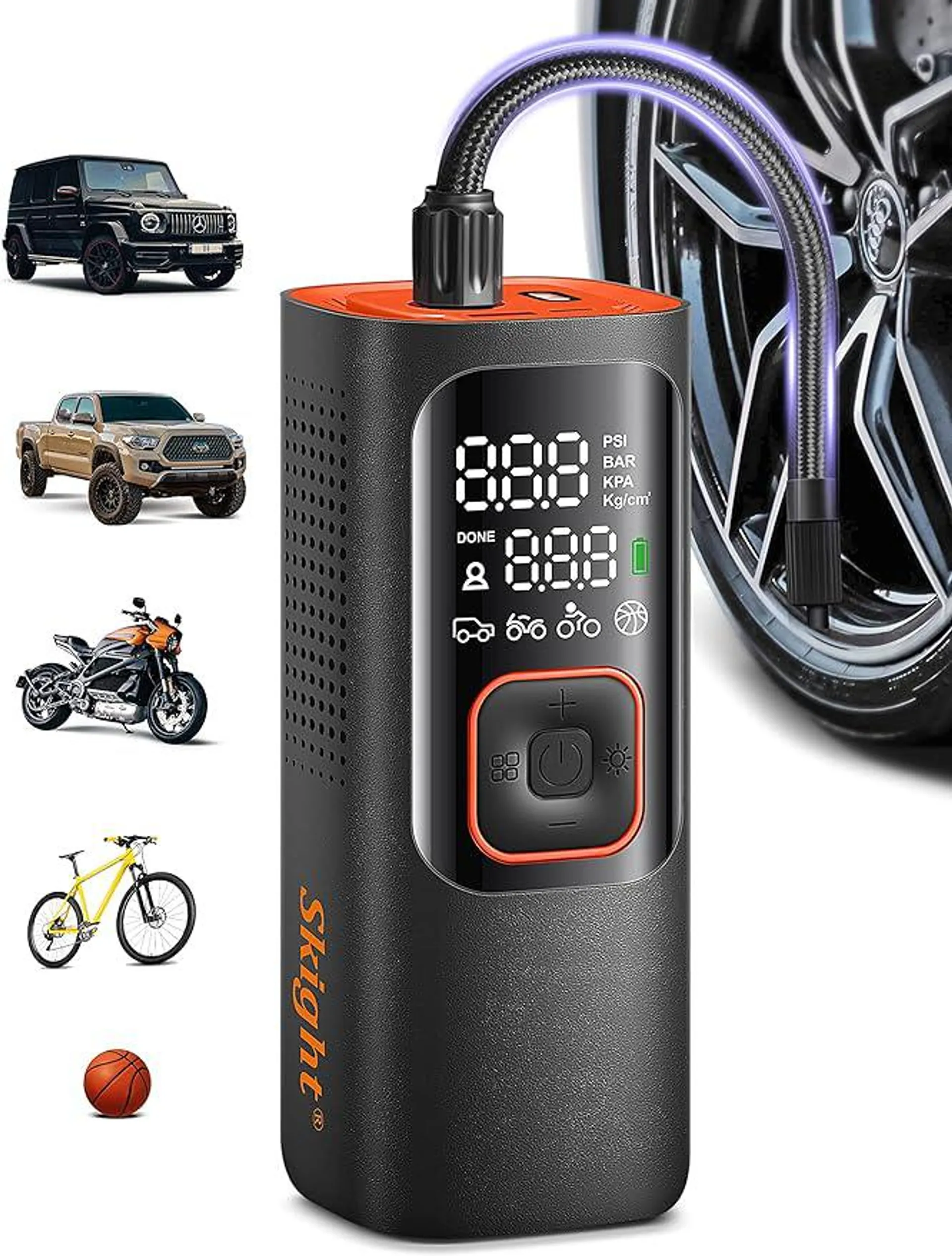 Skight Tire Inflator Portable Air Compressor - Powerful 150PSI & 2X Faster, Accurate Pressure LCD Display, Cordless Easy Operation - Portable Air Pump for Car, Motorcycle, E-Bike, Ball