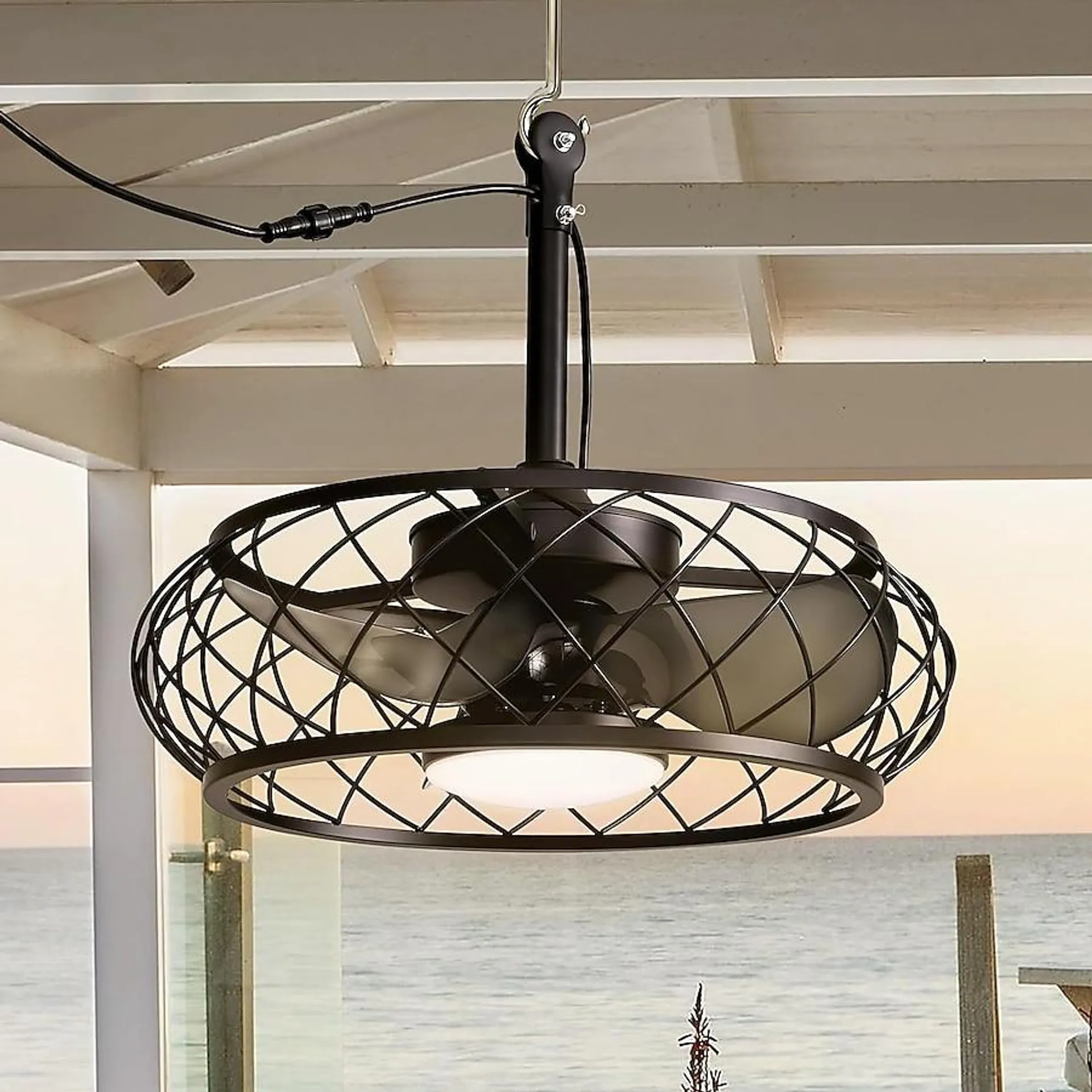 Antoine Modern Industrial Covered Outdoor 20-in Low Profile Black Cage with Black Blades Color-changing Integrated LED Indoor/Outdoor Smart Fandelier Ceiling Fan with Light and Remote (3-Blade)