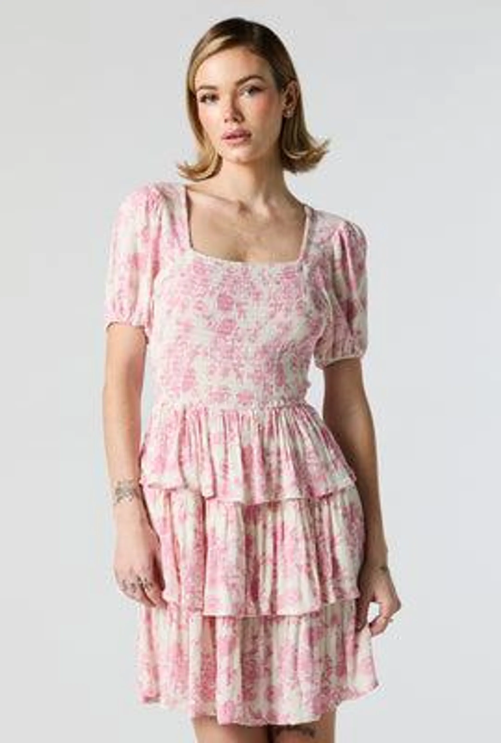 Pink Floral Smocked Tiered Mini Dress