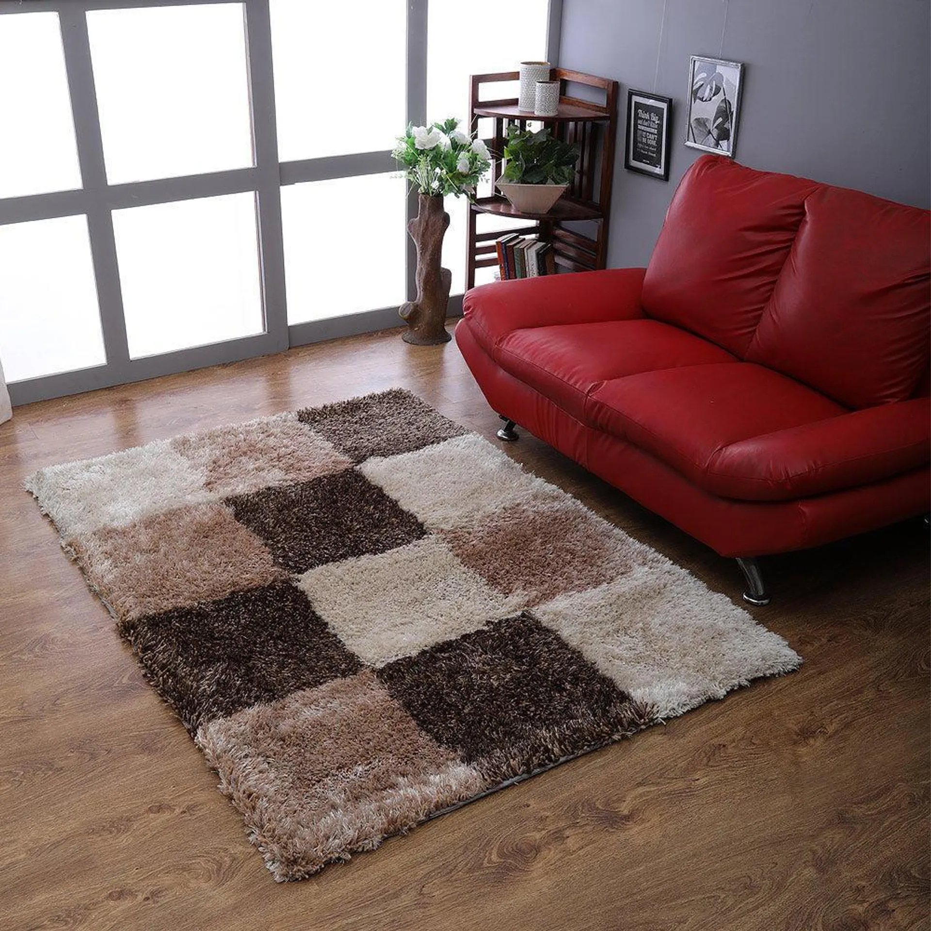 Rugsotic Carpets Hand Tufted Shag Polyester Area Rug Geometric Beige Brown K00018