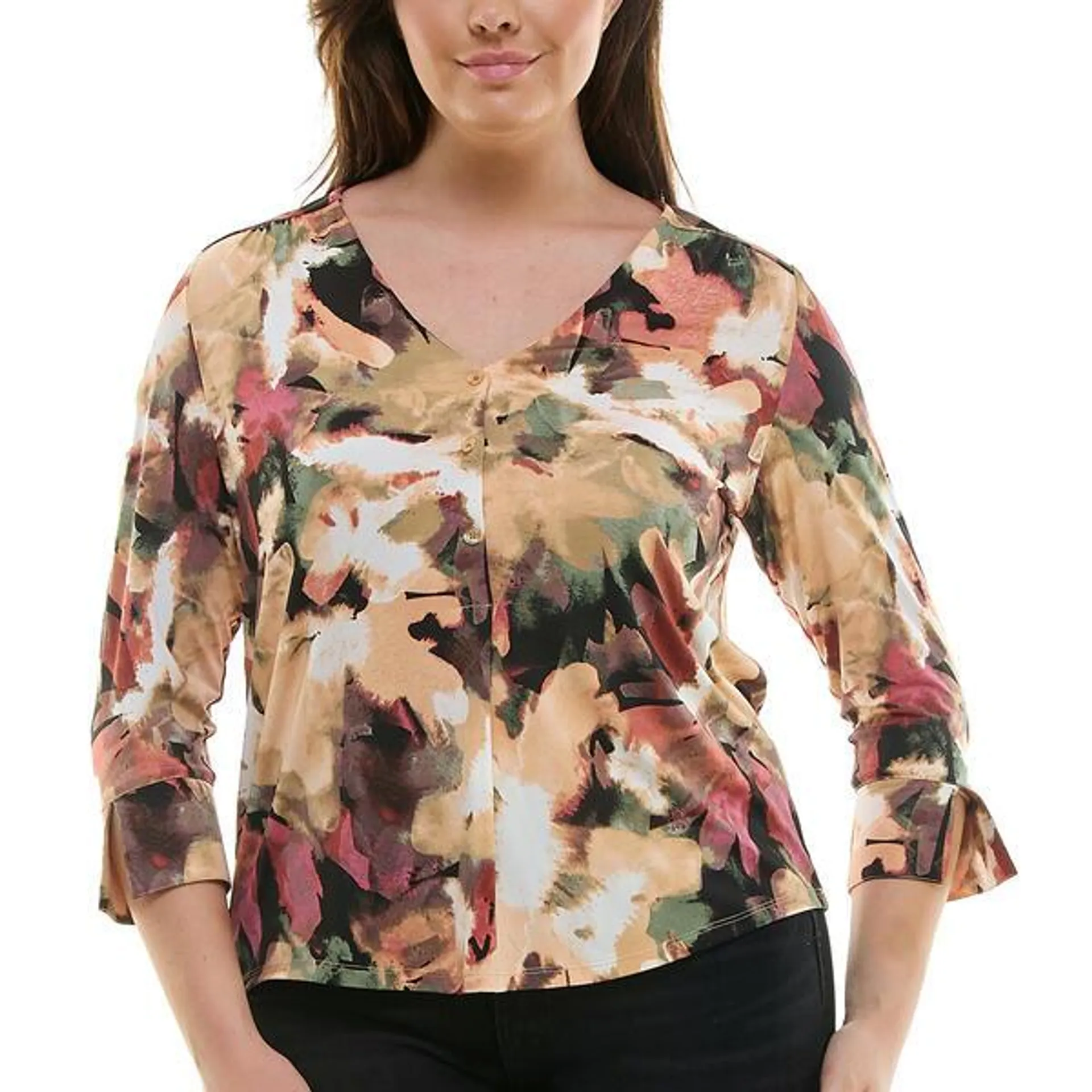 Womens Zac & Rachel Bracelet Sleeve Invert Pleat Floral Blouse